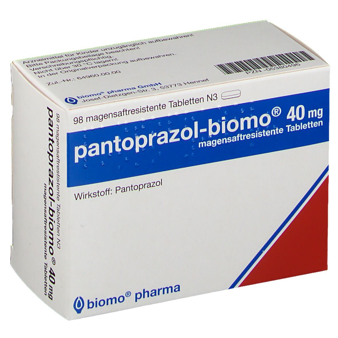 Weiße Schachtel mit blauer und roter Grafik. Aufschrift: pantoprazol-biomo® 40 mg, magensaftresistente Tabletten. Wirkstoff: Pantoprazol.