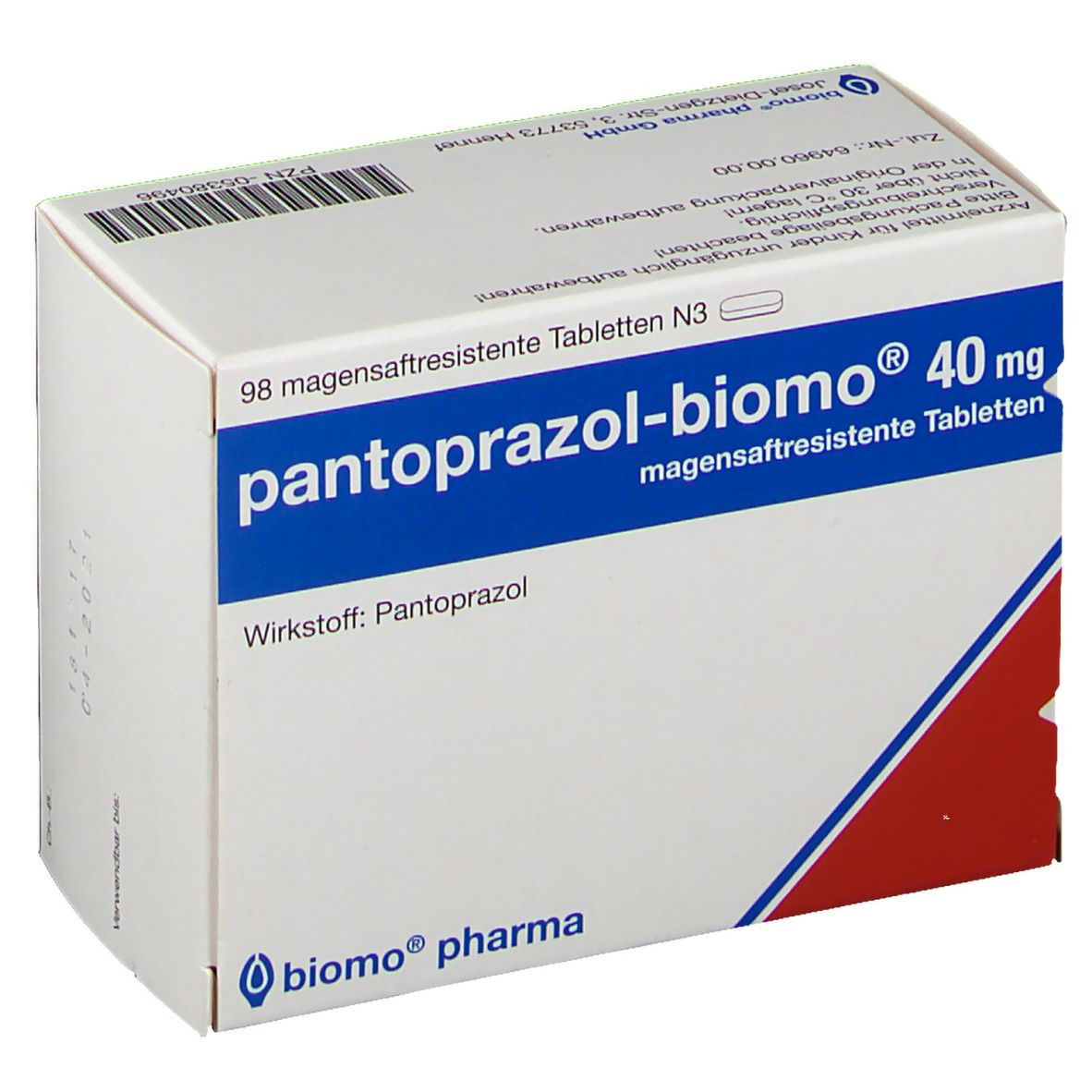 Weiße Schachtel mit blauer und roter Grafik. Aufschrift: pantoprazol-biomo® 40 mg, magensaftresistente Tabletten. Wirkstoff: Pantoprazol.