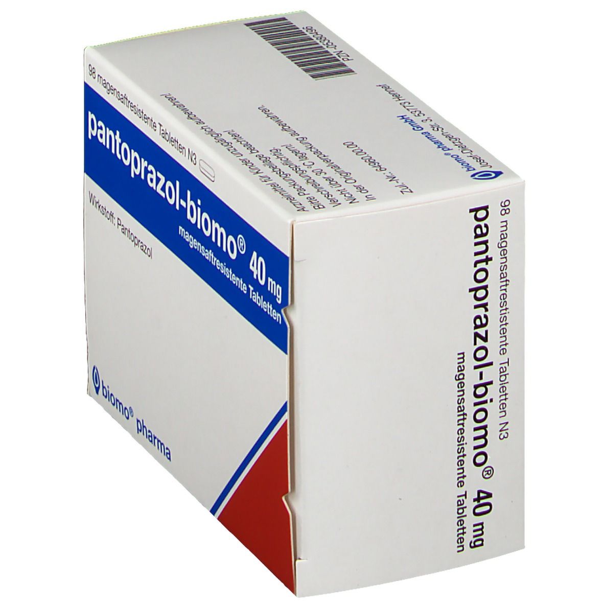 Weiße Schachtel, schräg von oben. Aufschrift: pantoprazol-biomo® 40 mg, magensaftresistente Tabletten. Wirkstoff: Pantoprazol.