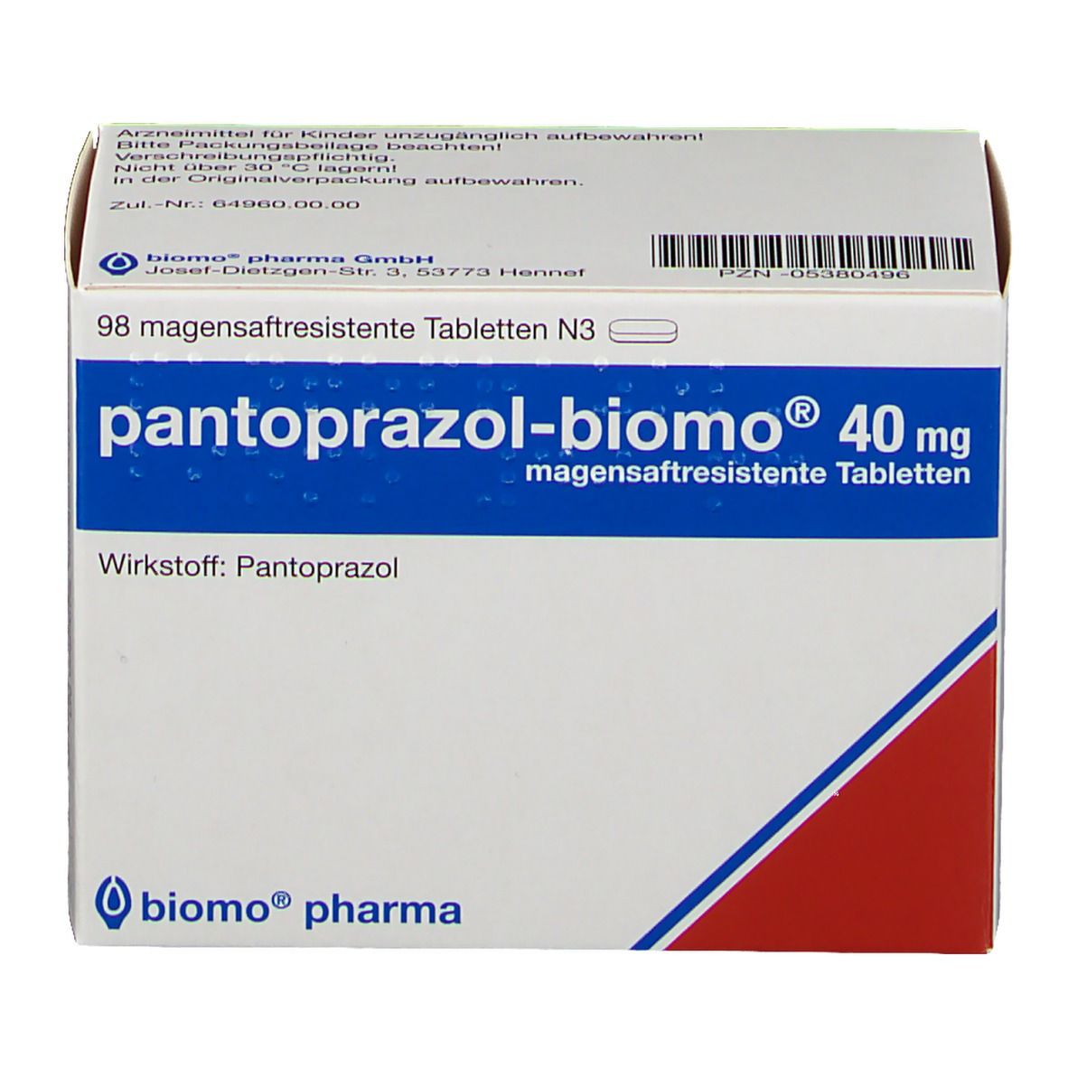 Weiße Schachtel mit blauer und roter Grafik. Aufschrift: pantoprazol-biomo® 40 mg, magensaftresistente Tabletten. Wirkstoff: Pantoprazol.