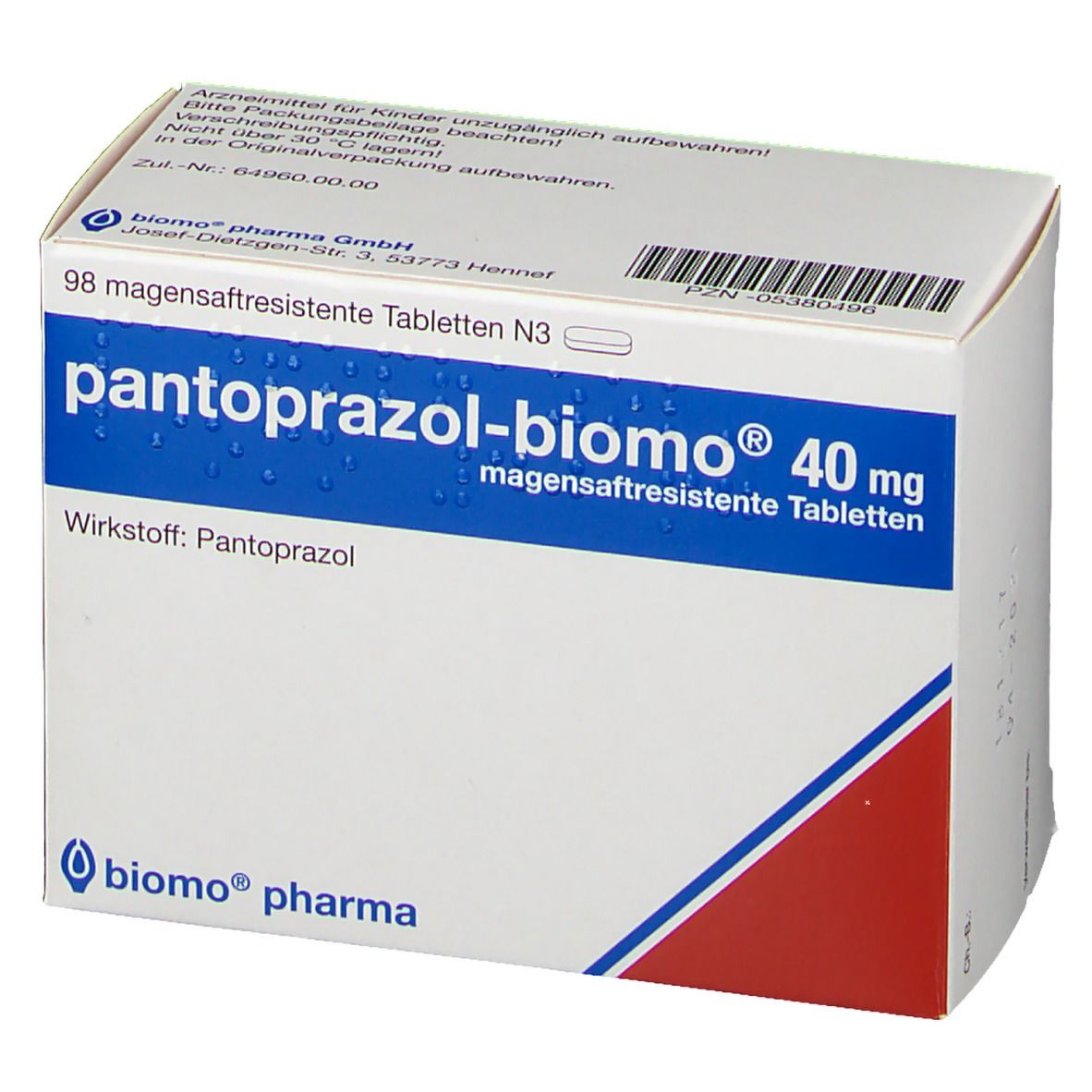 Weiße Schachtel mit blauer und roter Grafik. Aufschrift: pantoprazol-biomo® 40 mg, magensaftresistente Tabletten. Wirkstoff: Pantoprazol.