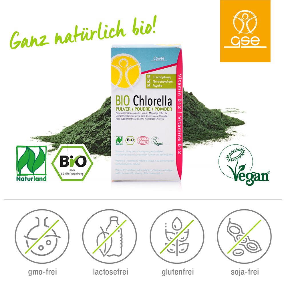 BIO Chlorella Pulver und Packung. Grün-weißes Design. Vegan, Bio-Zertifizierung. Frei von GMO, Laktose, Gluten, Soja.