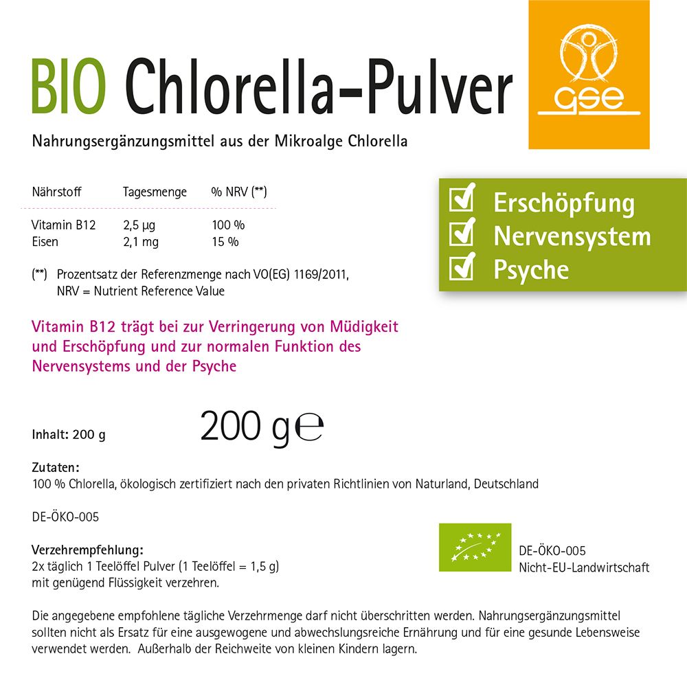 BIO Chlorella-Pulver-Etikett. Enthält Vitamin B12 und Eisen. Informationen zu Inhaltsstoffen und Nährwerten. 200g.