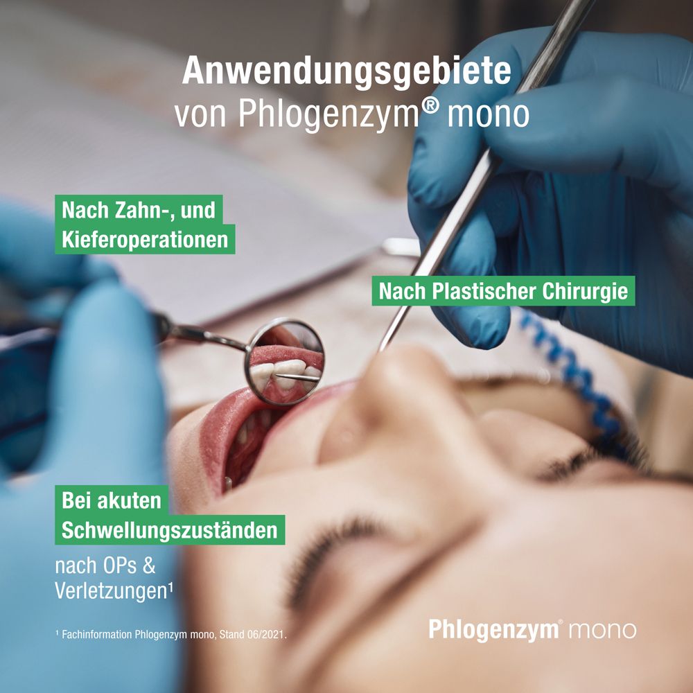 Zahnarztbehandlung. Anwendung von Phlogenzym mono. Text: Nach Zahn- und Kieferoperationen, nach plastischer Chirurgie.