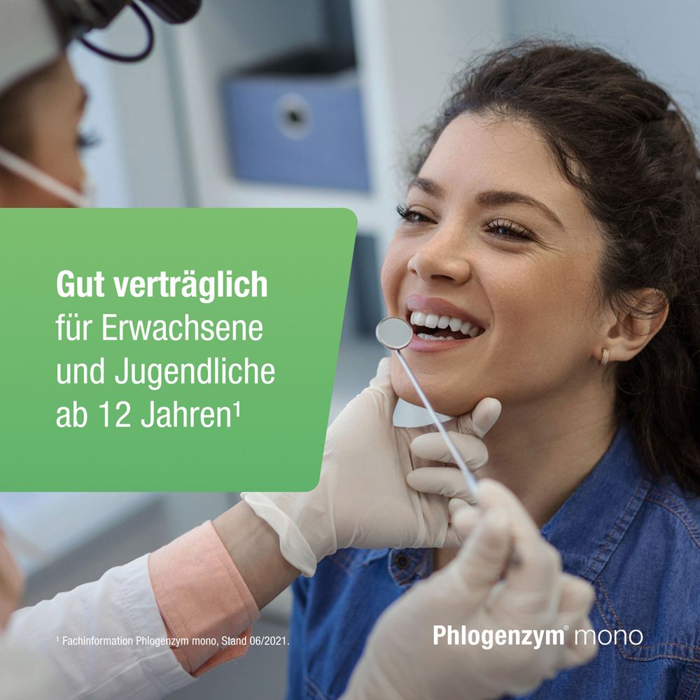 Zahnarztbesuch. Patientin lächelt. Text: Gut verträglich für Erwachsene und Jugendliche ab 12 Jahren.