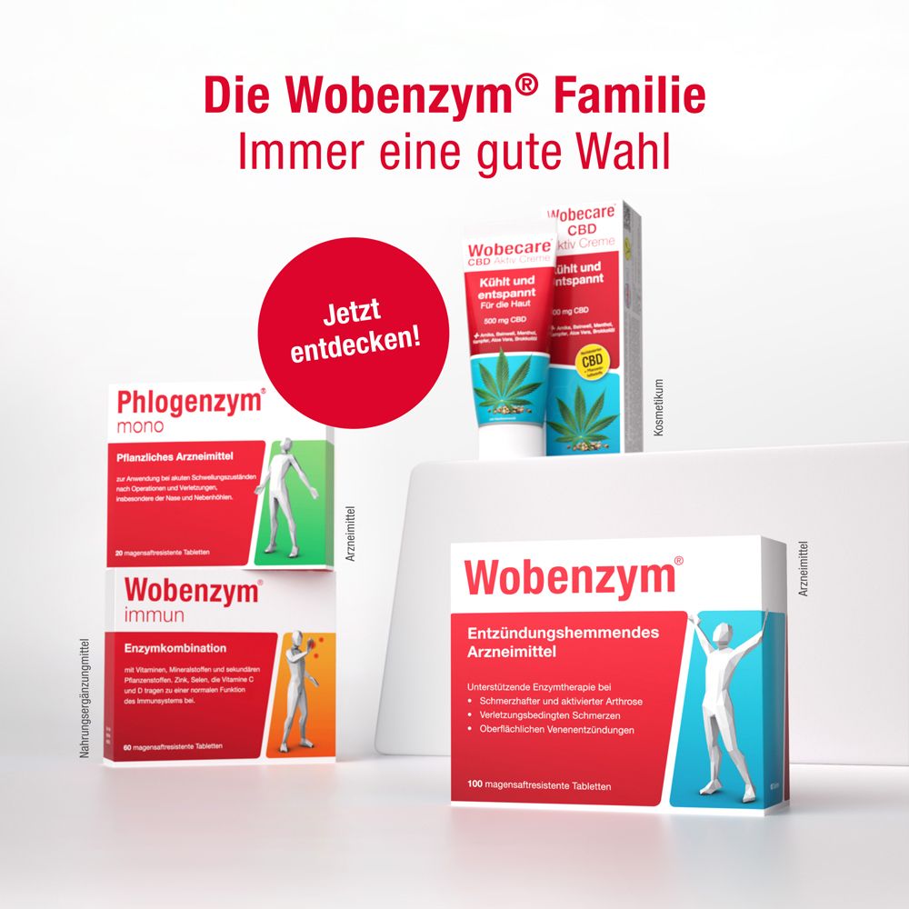 Verschiedene Produkte der Wobenzym-Familie. Phlogenzym mono, Wobenzym immun, Wobecare CBD.