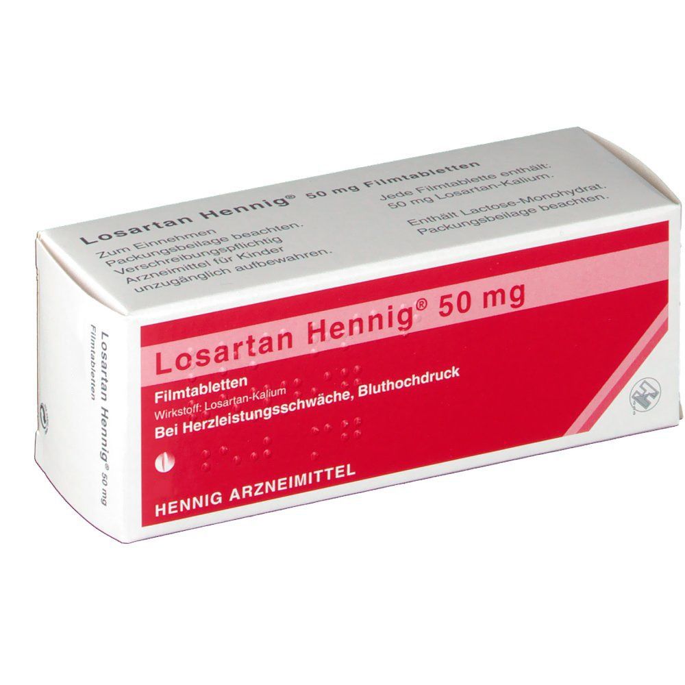 Weiße Schachtel mit rotem Streifen. Aufschrift: Losartan Hennig 50 mg Filmtabletten. Hennig Arzneimittel.