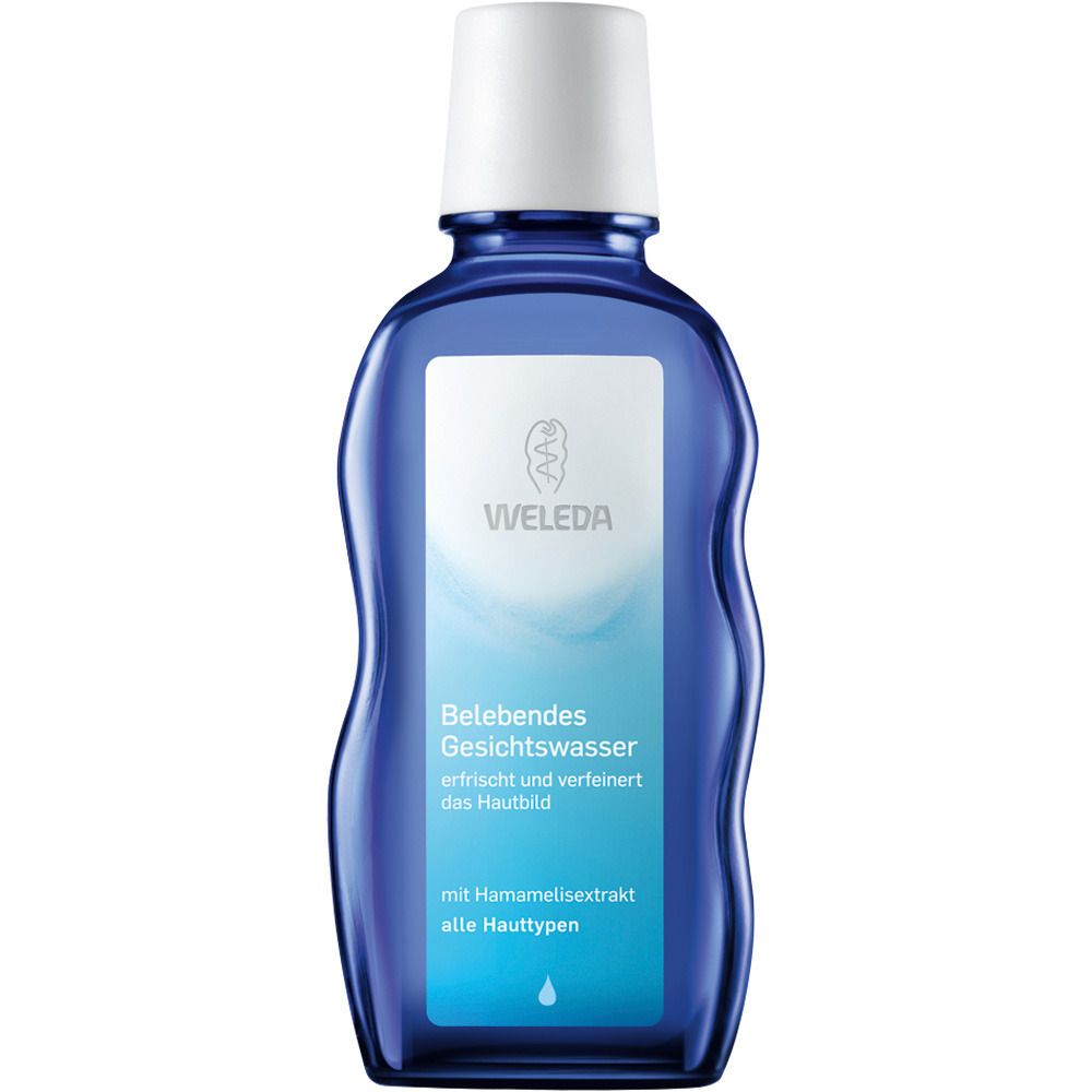 Blaue Flasche Weleda Gesichtswasser mit weißem Deckel. Etikett mit Produktnamen und Logo.