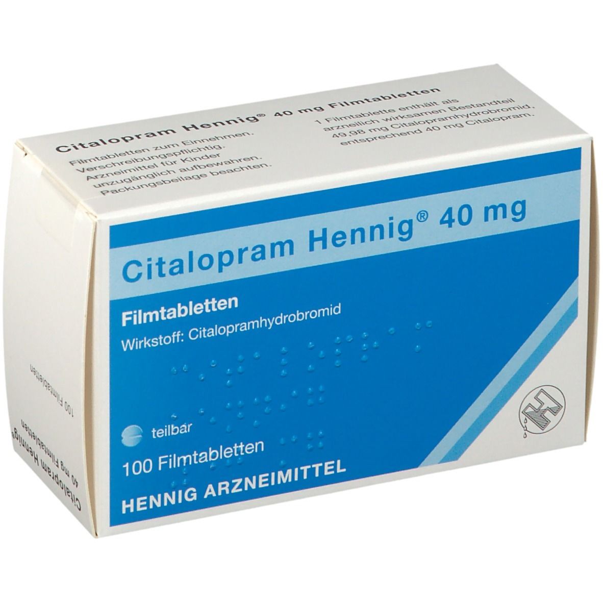 Schachtel Citalopram Hennig® 40 mg Filmtabletten. Blaue und weiße Verpackung. Enthält 100 Tabletten. Hennig Arzneimittel.