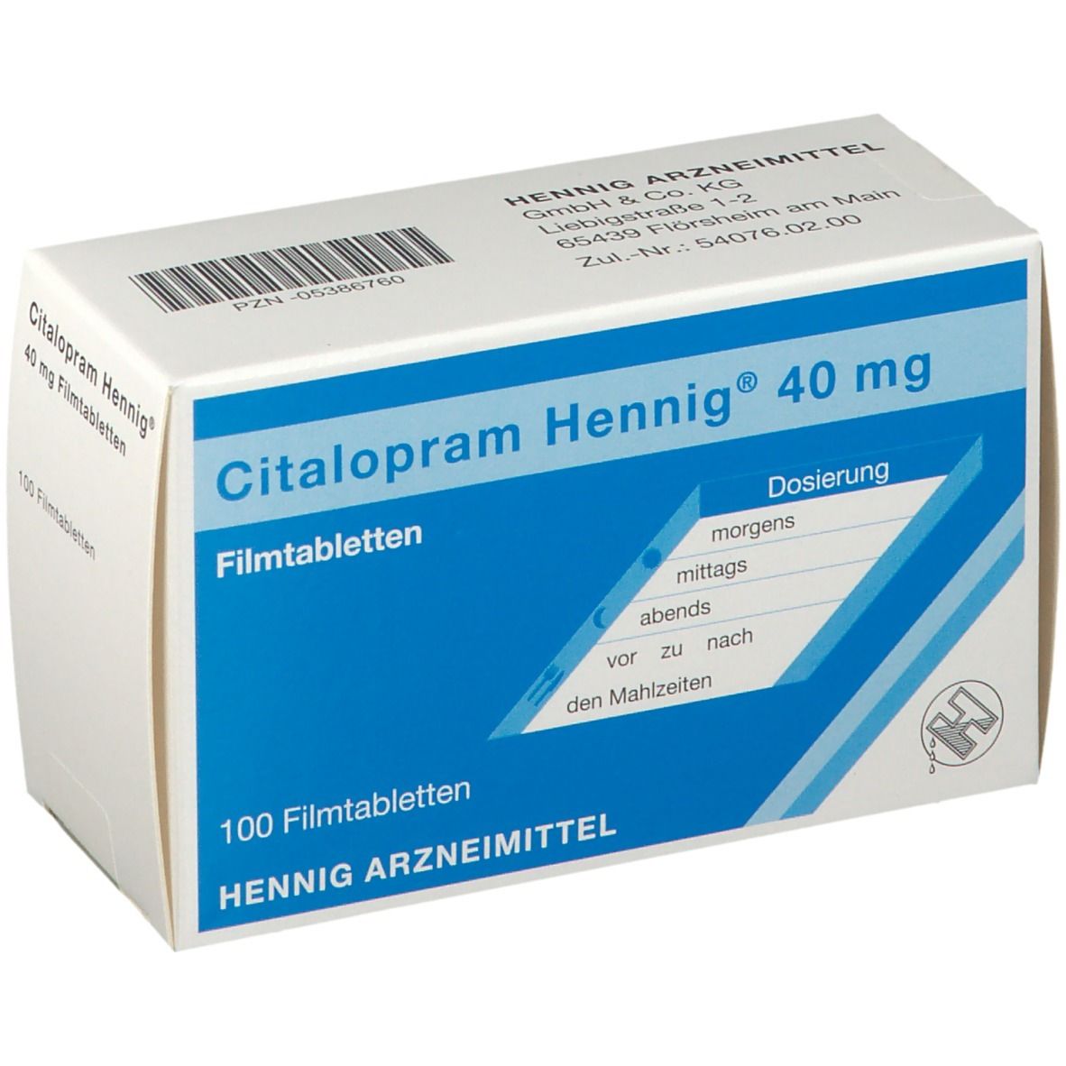 Schachtel Citalopram Hennig® 40 mg. Blaue und weiße Verpackung. Enthält 100 Filmtabletten. Dosierungshinweise. Hennig Arzneimittel.