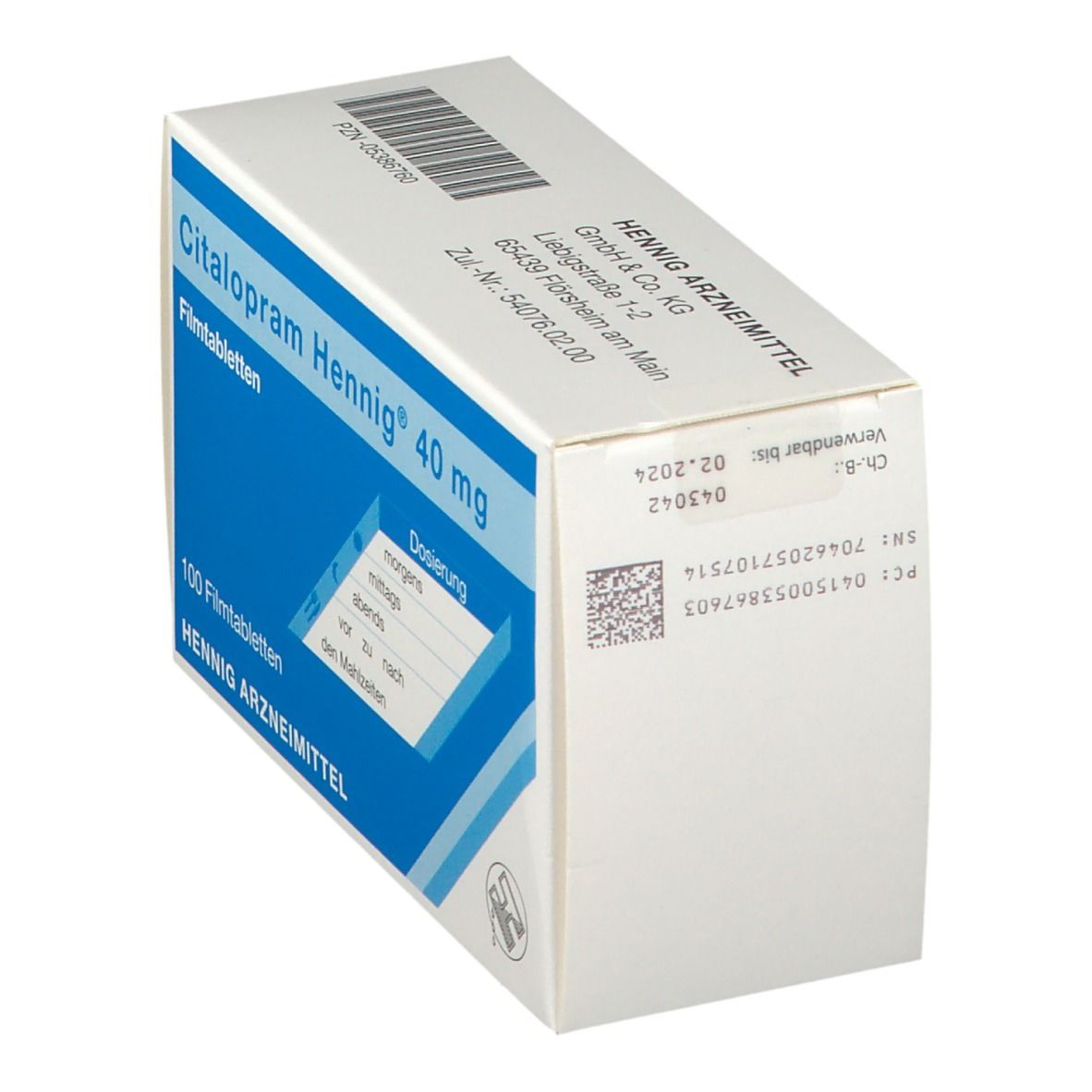 Schachtel Citalopram Hennig® 40 mg. Blaue und weiße Verpackung. Enthält 100 Filmtabletten. QR-Code und Verfallsdatum. Hennig Arzneimittel.