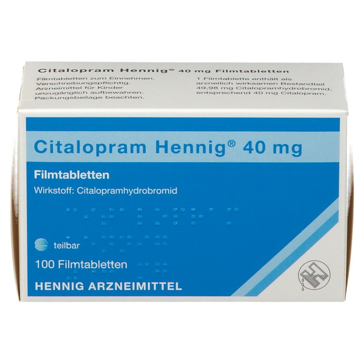 Schachtel Citalopram Hennig® 40 mg Filmtabletten. Blaue und weiße Verpackung. Enthält 100 Tabletten. Hennig Arzneimittel.