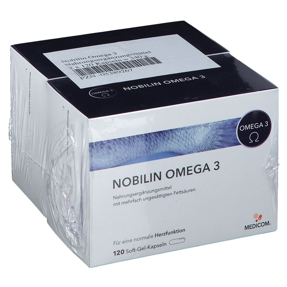 Verpackung von Nobilin Omega 3. Weißer Karton mit blauem Deckel. Text: Nobilin Omega 3, 120 Soft-Gel-Kapseln. Logo Omega 3.