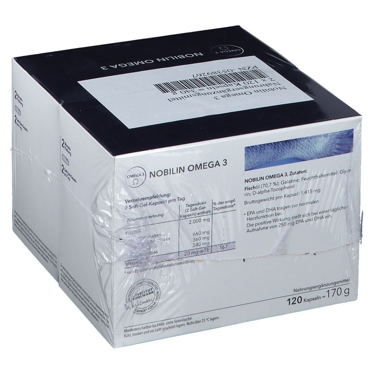 Verpackung von Nobilin Omega 3. Karton mit Text und Inhaltsangaben. Text: Nobilin Omega 3, 120 Kapseln. Logo Omega 3.