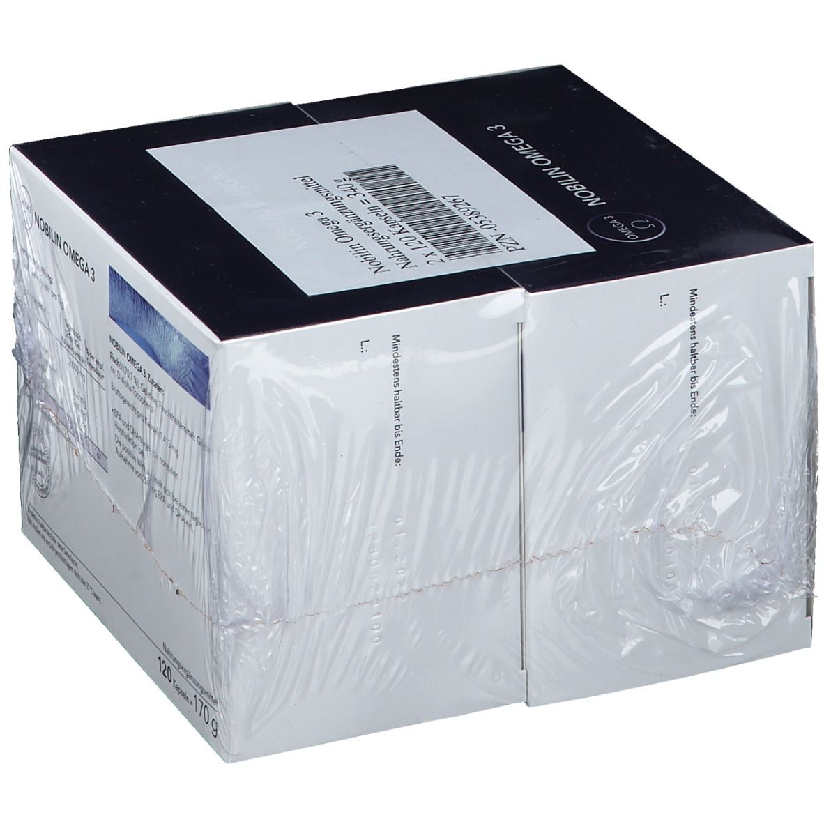 Verpackung von Nobilin Omega 3. Zwei Kartons in Folie. Text: Nobilin Omega 3, 120 Kapseln. Logo Omega 3.