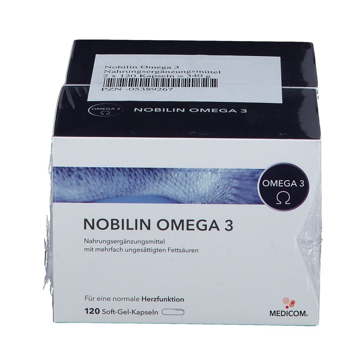 Verpackung von Nobilin Omega 3. Weißer Karton mit blauem Deckel. Text: Nobilin Omega 3, 120 Soft-Gel-Kapseln. Logo Omega 3.