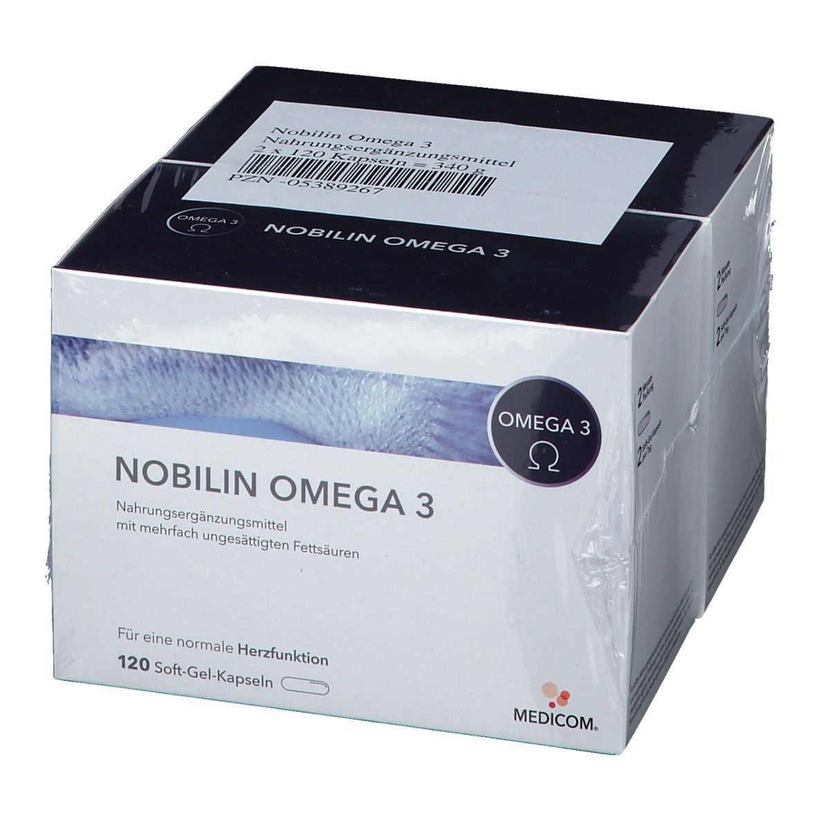 Verpackung von Nobilin Omega 3. Weißer Karton mit blauem Deckel. Text: Nobilin Omega 3, 120 Soft-Gel-Kapseln. Logo Omega 3.
