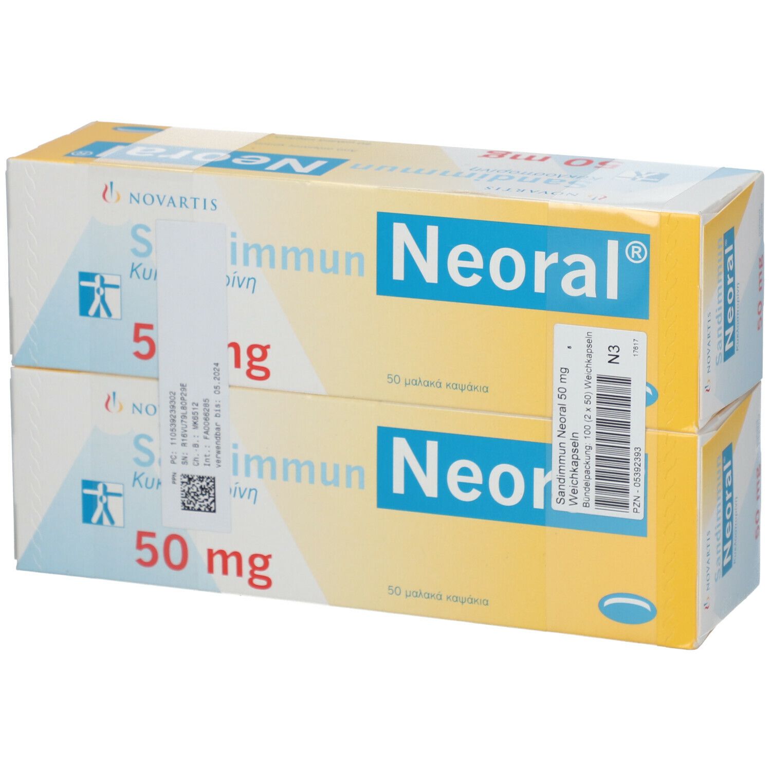 Zwei Schachteln Neoral-Sandimmun® 50 mg. Gelbe und blaue Verpackung mit Produktnamen und Dosierung.