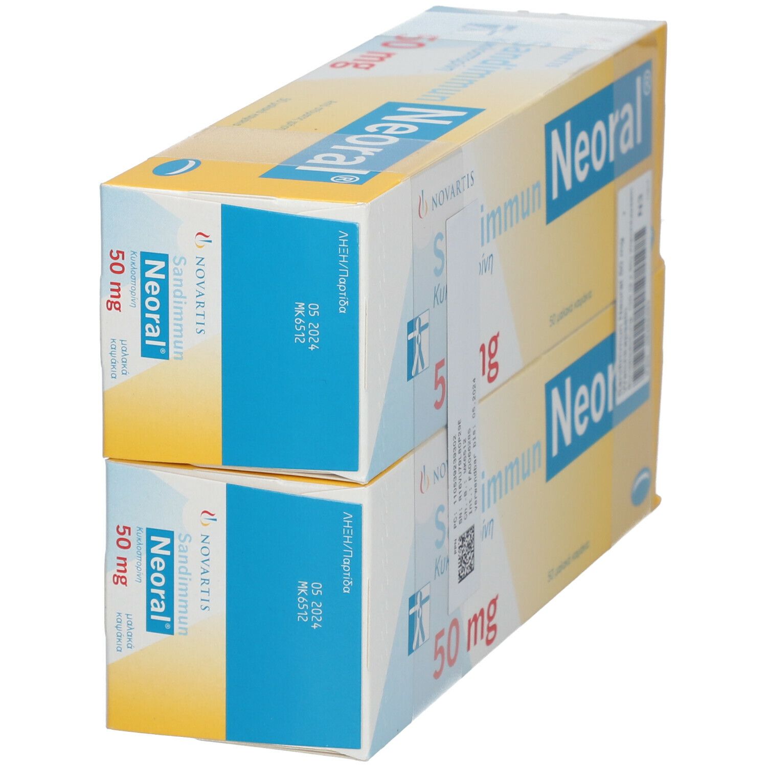 Zwei Schachteln Neoral-Sandimmun® 50 mg. Blaue und gelbe Verpackung mit Produktnamen und Dosierung.