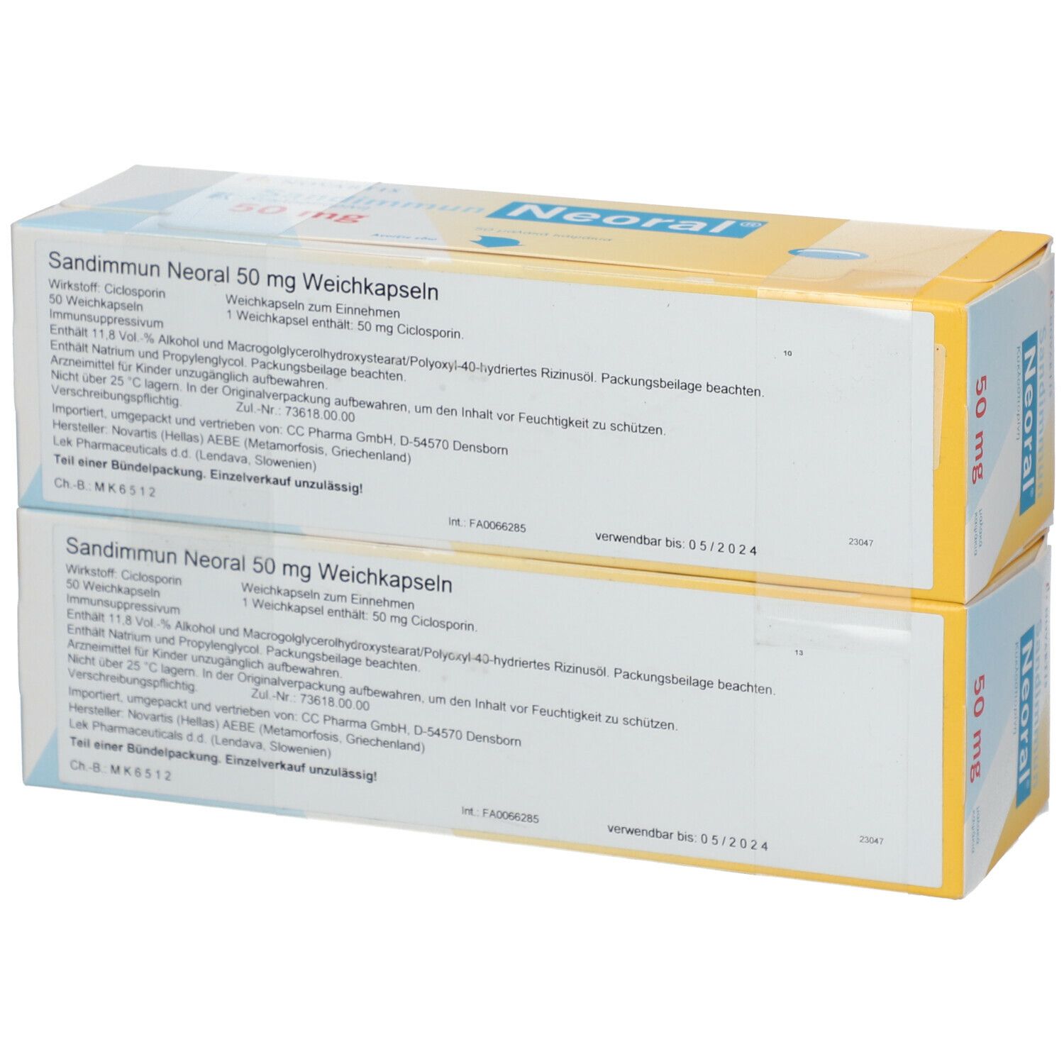 Rückseite von zwei Schachteln Neoral-Sandimmun® 50 mg. Textinformationen und Produktnamen.