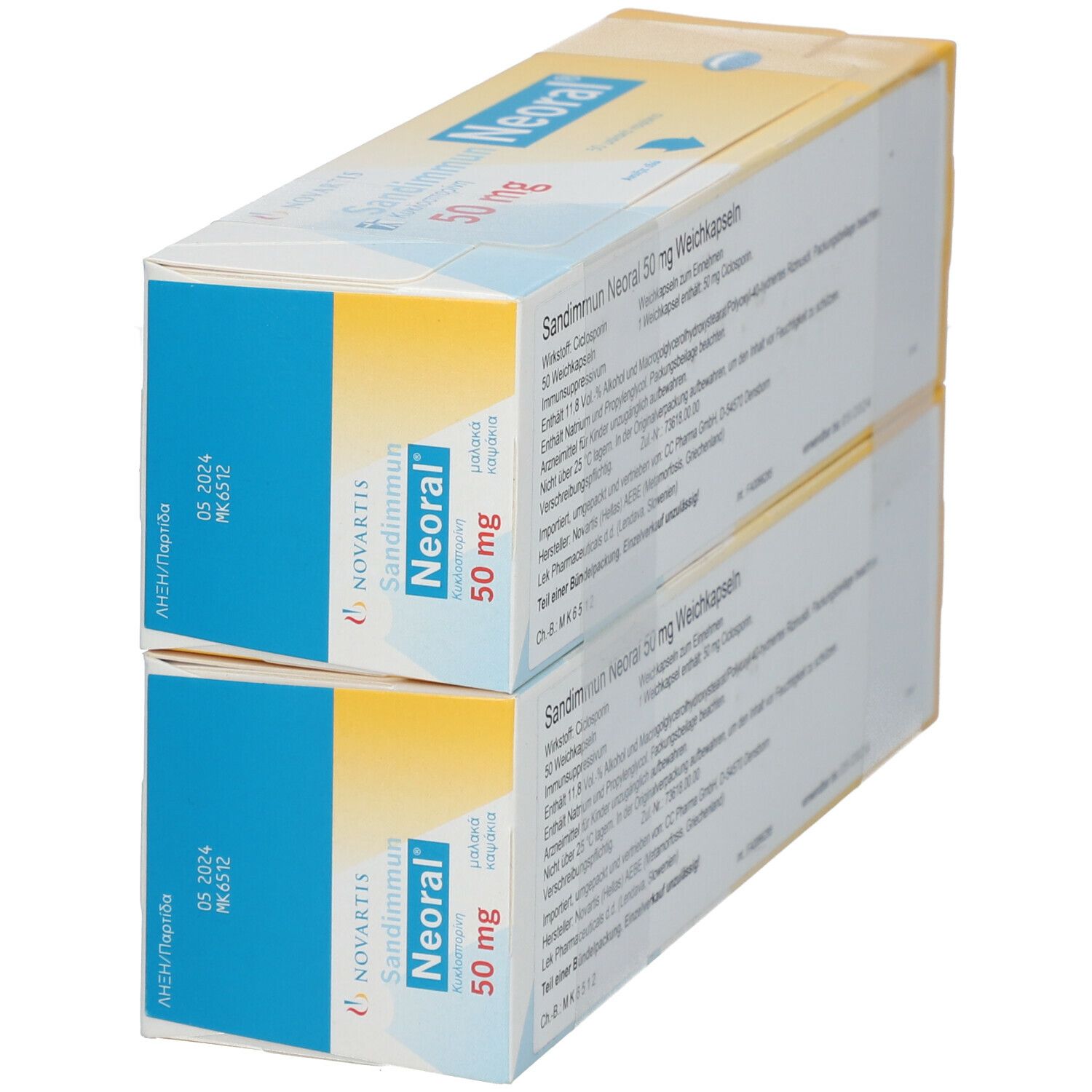 Rückseite von zwei Schachteln Neoral-Sandimmun® 50 mg. Textinformationen und Produktnamen.