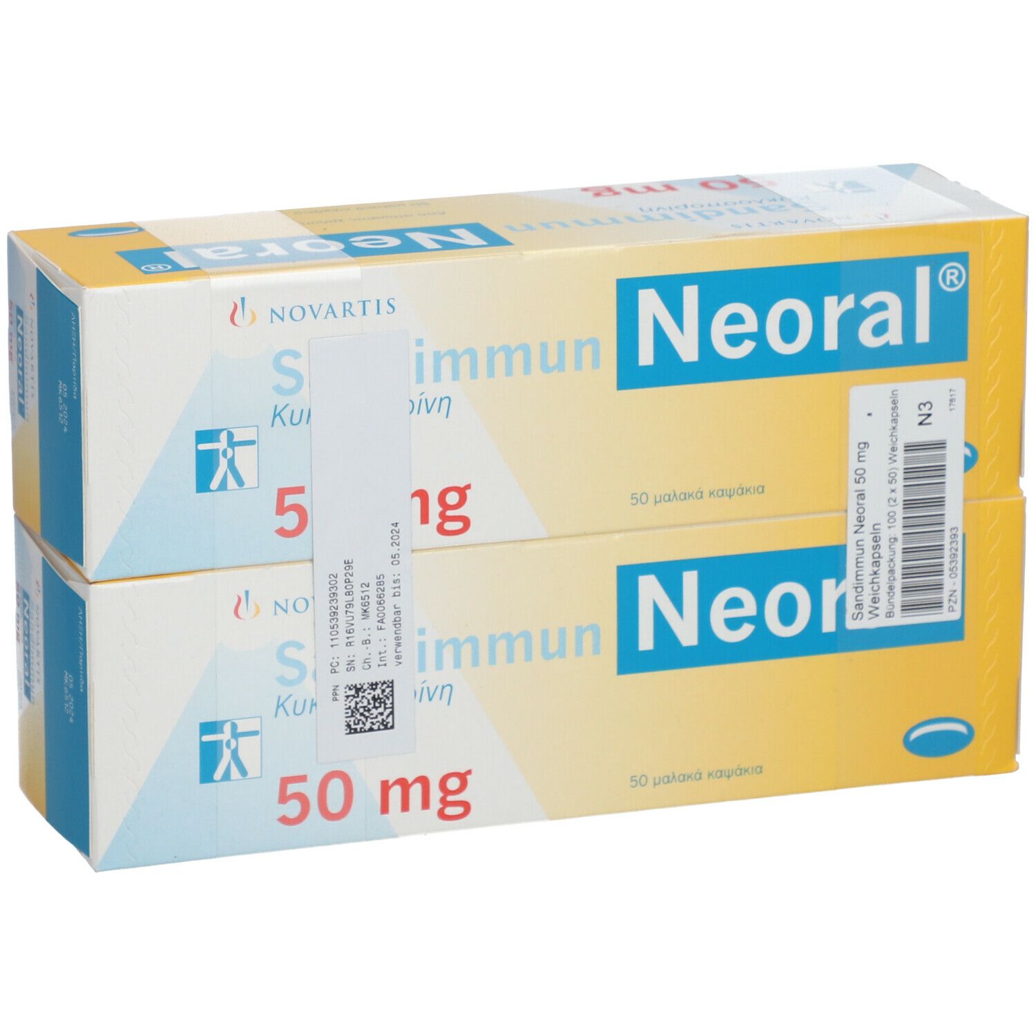 Zwei Schachteln Neoral-Sandimmun® 50 mg. Gelbe und blaue Verpackung mit Produktnamen und Dosierung.