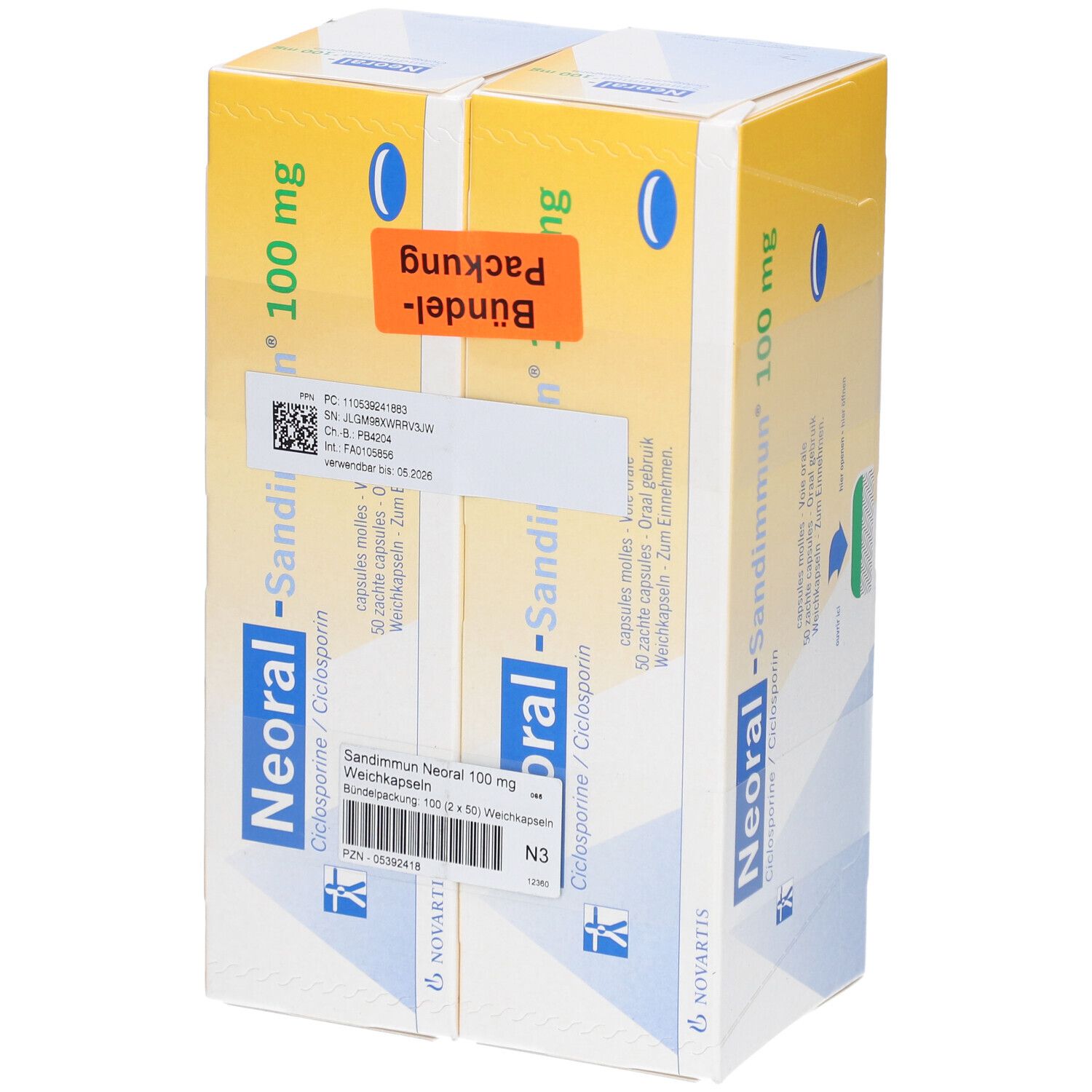 Zwei Packungen SANDIMMUN Neoral 100 mg Weichkapseln. Gelbe Verpackung mit blauen ovalen Logos und Produktnamen. Aufschrift: Bündel-Packung.