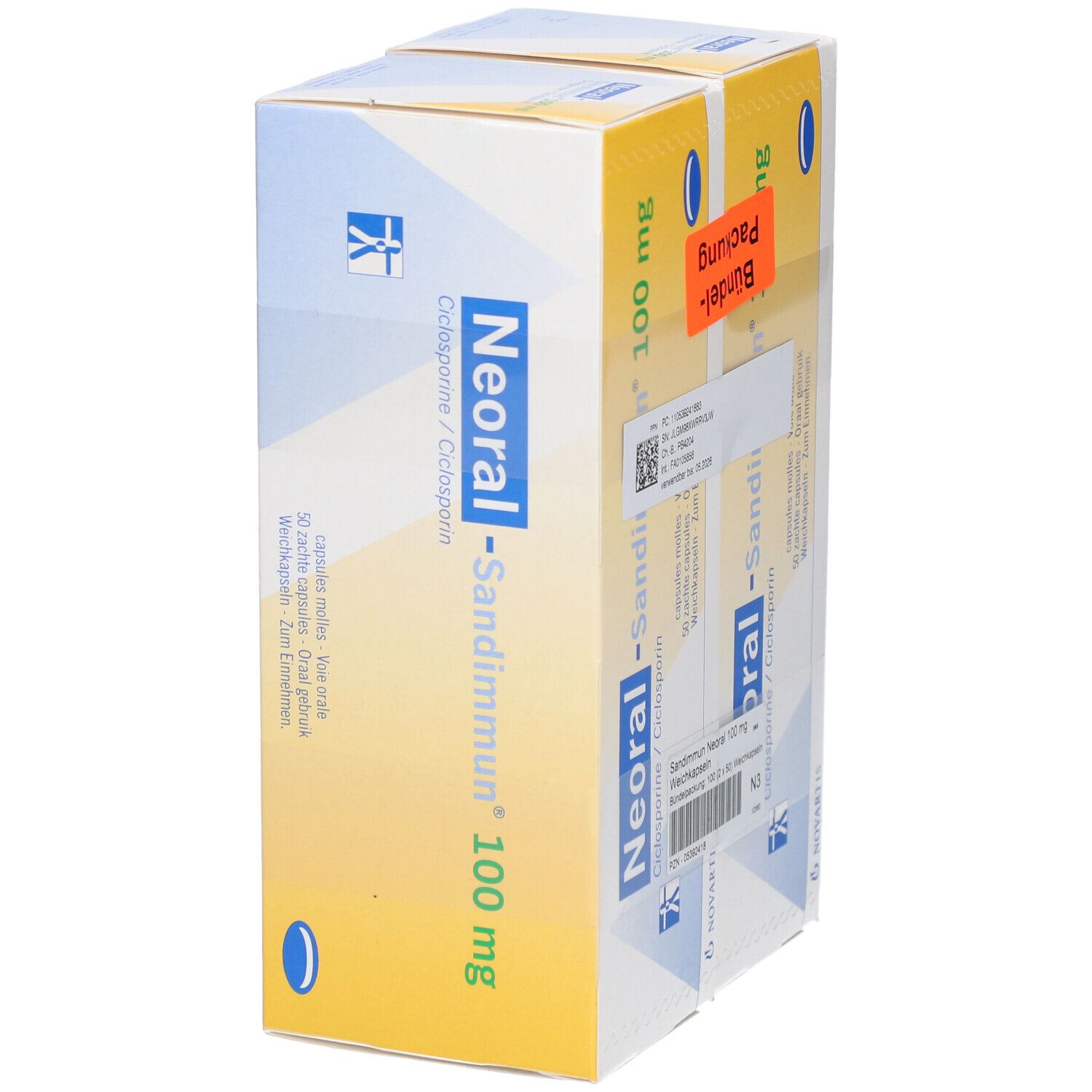 Zwei Packungen SANDIMMUN Neoral 100 mg Weichkapseln. Gelbe Verpackung mit blauen ovalen Logos und Produktnamen. Novartis-Logo.