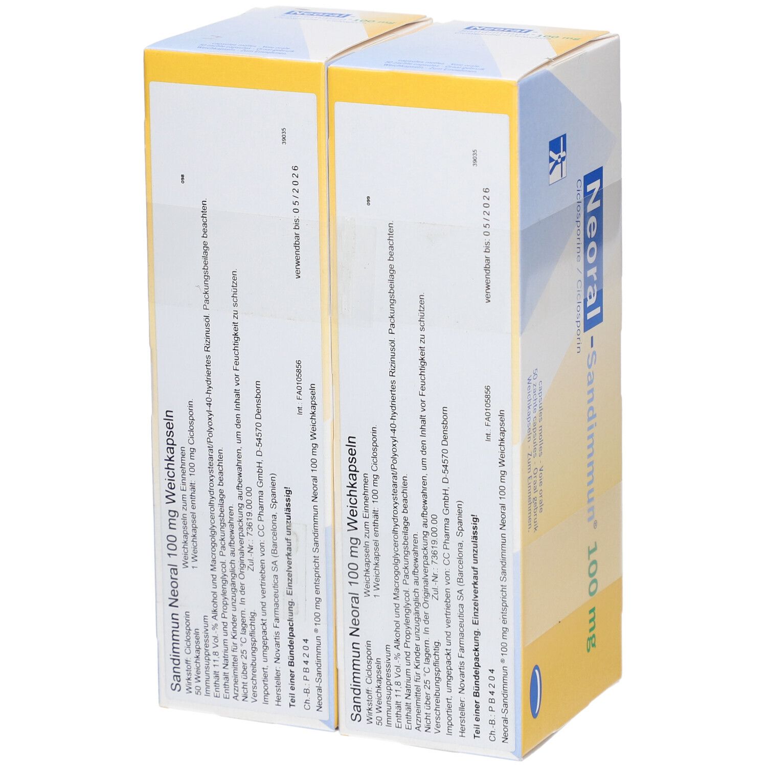 Zwei Packungen SANDIMMUN Neoral 100 mg Weichkapseln. Gelbe Verpackung mit blauen ovalen Logos und Produktnamen. Rückseite mit Text.