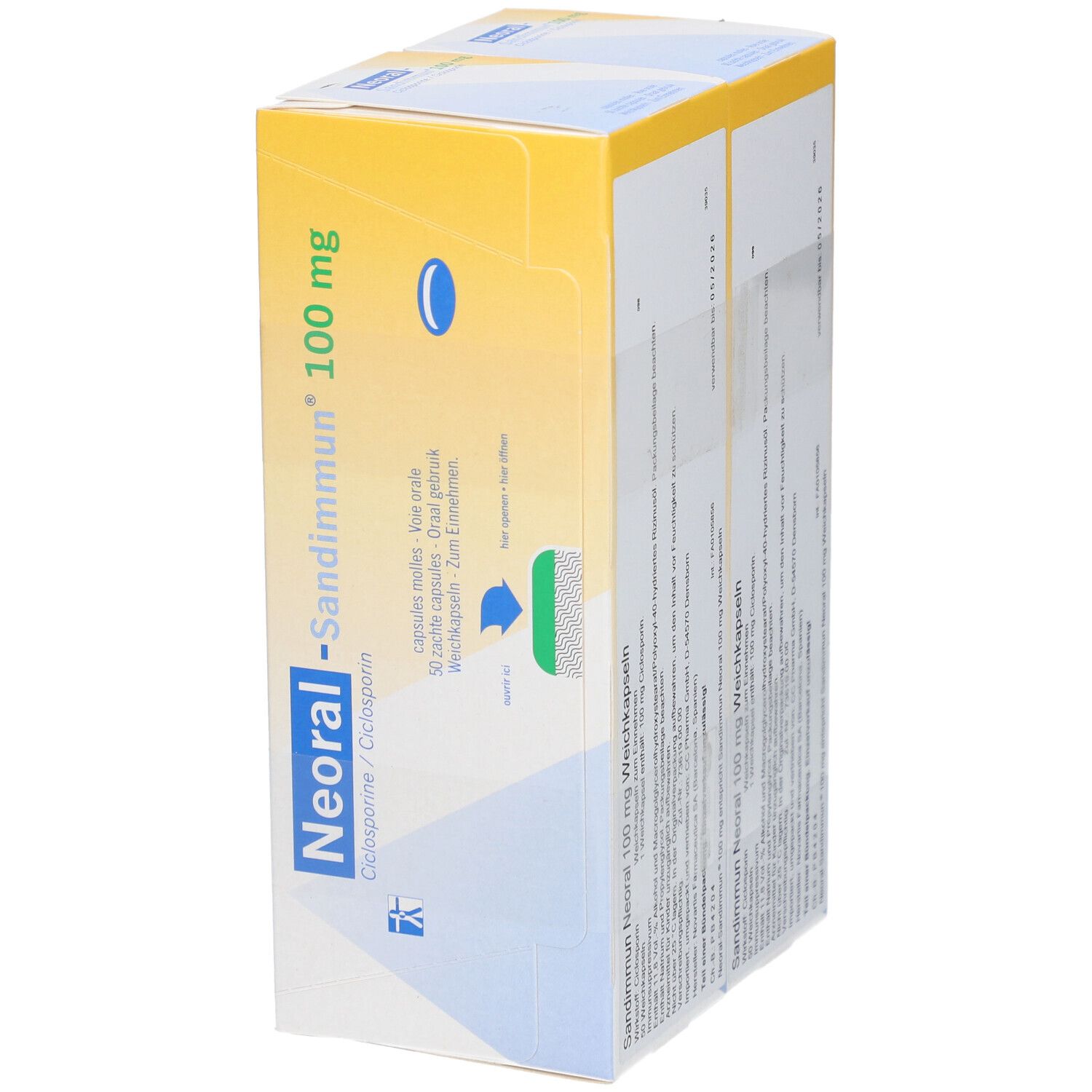 Zwei Packungen SANDIMMUN Neoral 100 mg Weichkapseln. Gelbe Verpackung mit blauen ovalen Logos und Produktnamen. Geöffnete Verpackung.