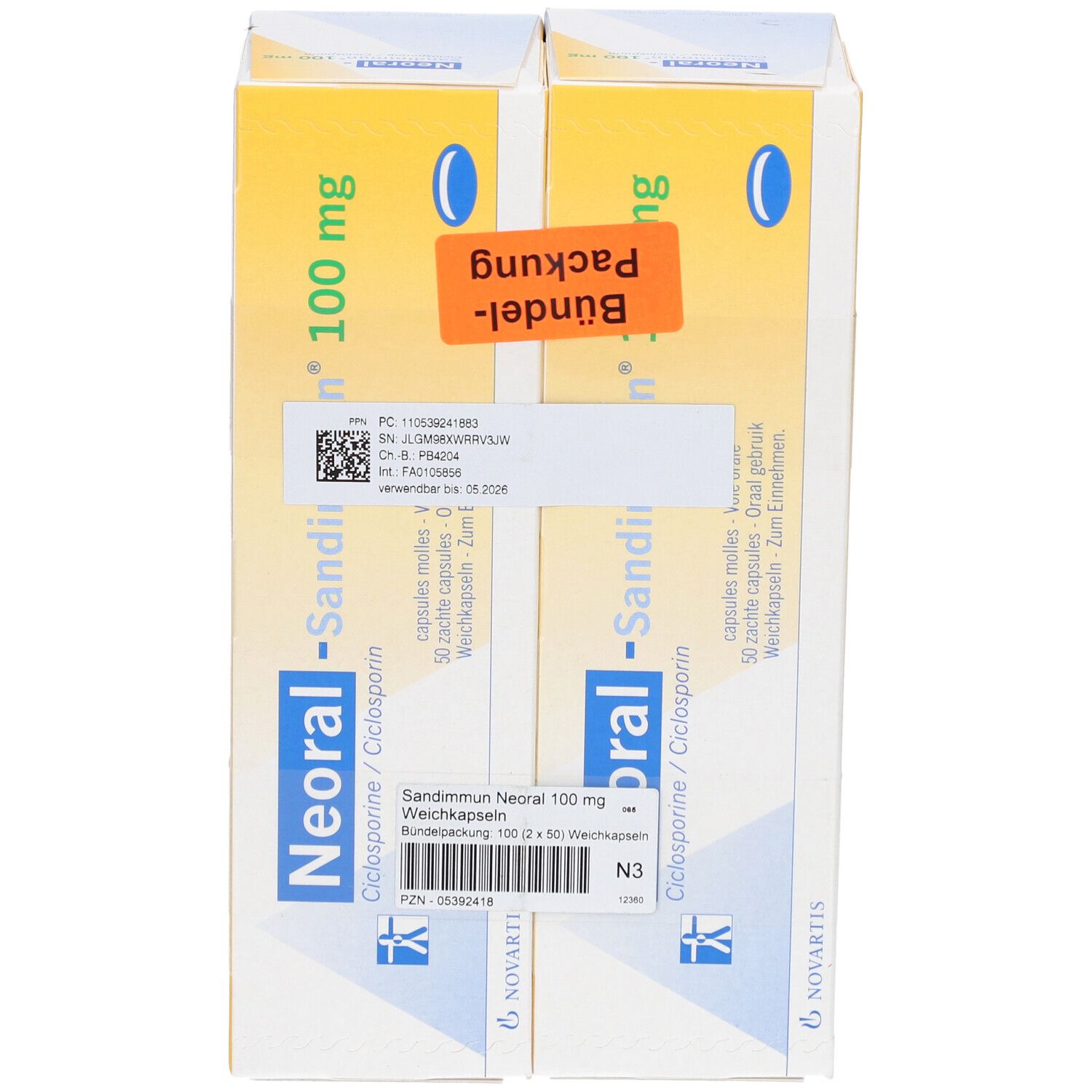 Zwei Packungen SANDIMMUN Neoral 100 mg Weichkapseln. Gelbe Verpackung mit blauen ovalen Logos und Produktnamen. Aufschrift: Bündel-Packung.