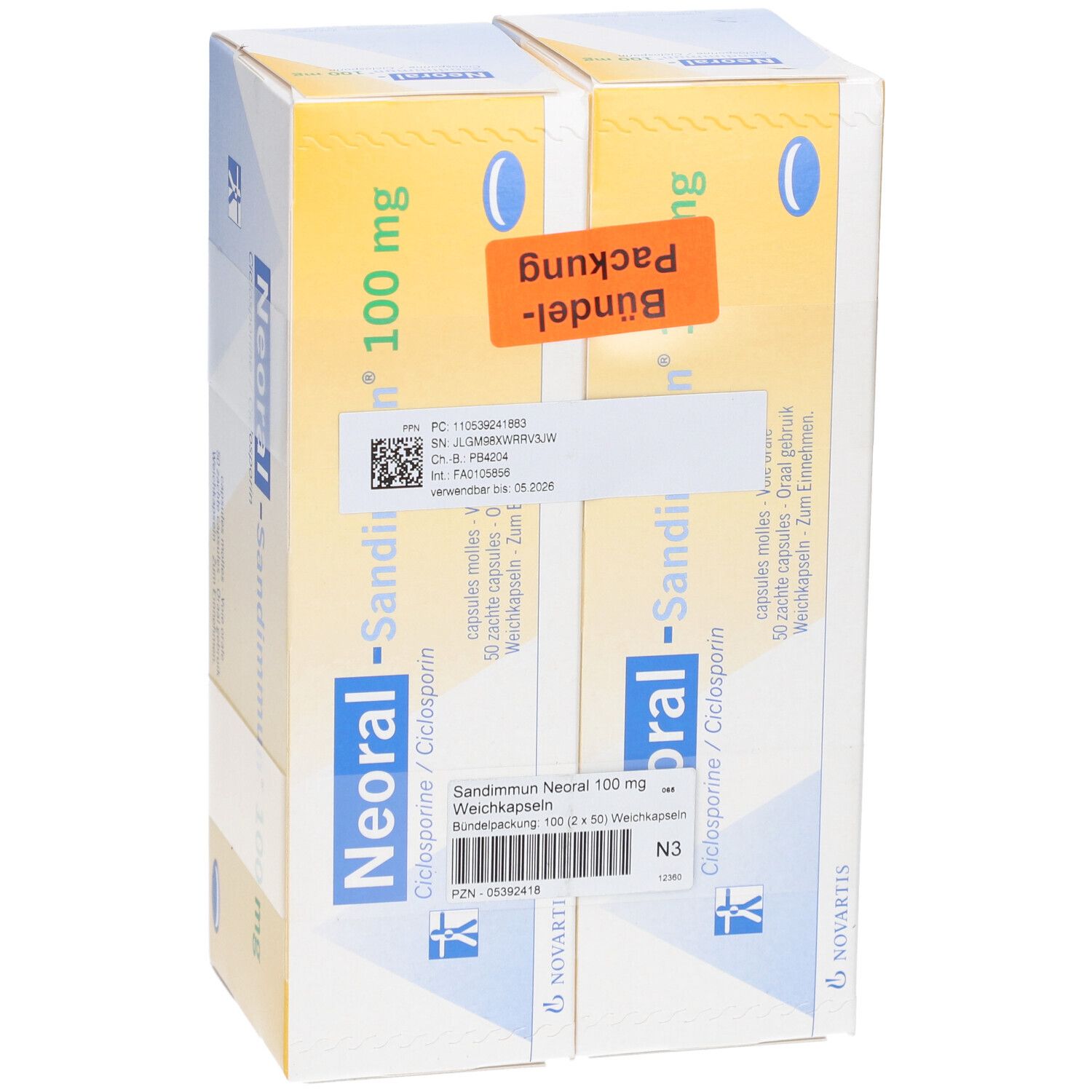 Zwei Packungen SANDIMMUN Neoral 100 mg Weichkapseln. Gelbe Verpackung mit blauen ovalen Logos und Produktnamen. Aufschrift: Bündel-Packung.