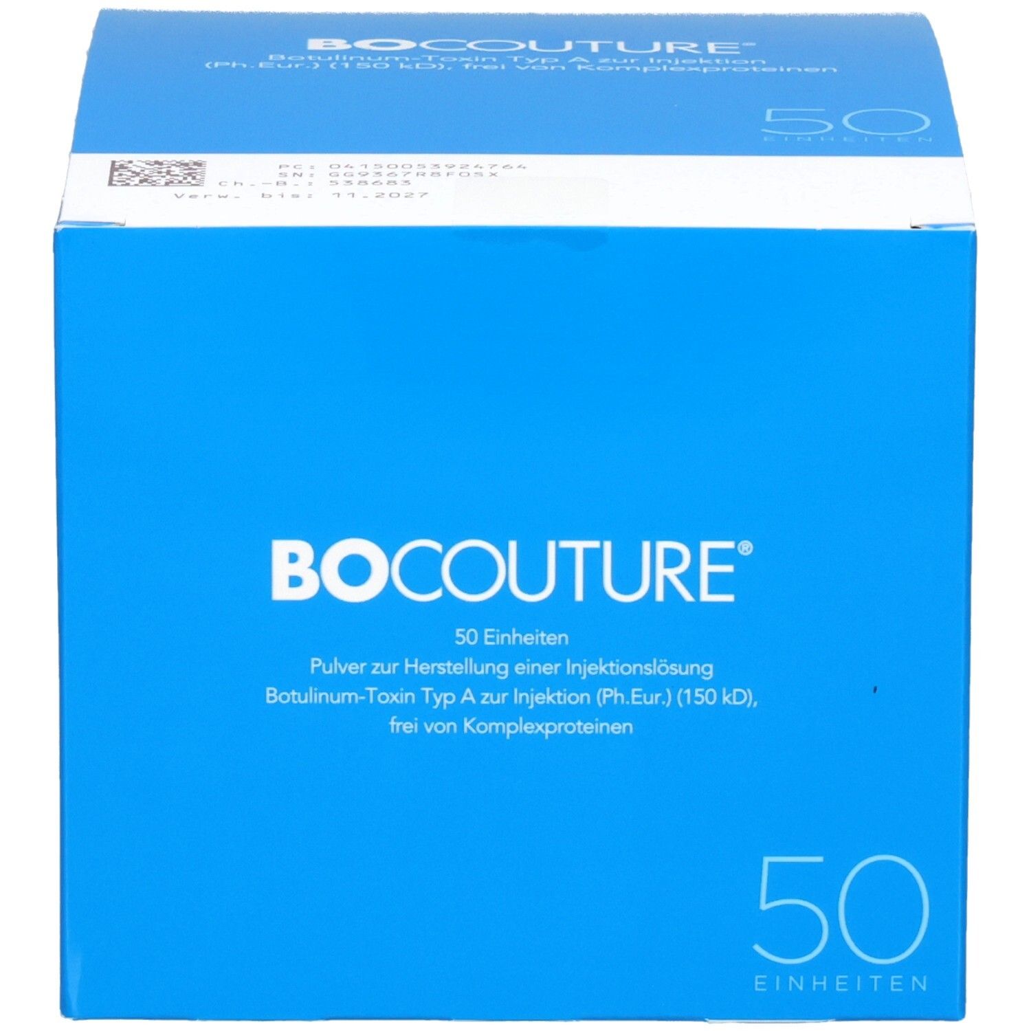 Blaue Verpackung mit BOCOUTURE®-Logo und 50 Einheiten. Text: Pulver zur Herstellung einer Injektionslösung.