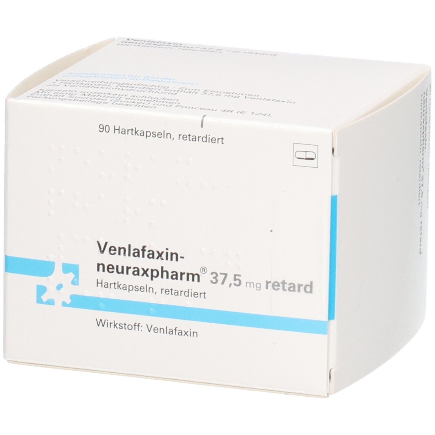 Weiße Faltschachtel mit Aufschrift: Venlafaxin-neuraxpharm 37,5 mg retard. 90 Hartkapseln. Wirkstoff: Venlafaxin. Blaues Logo.