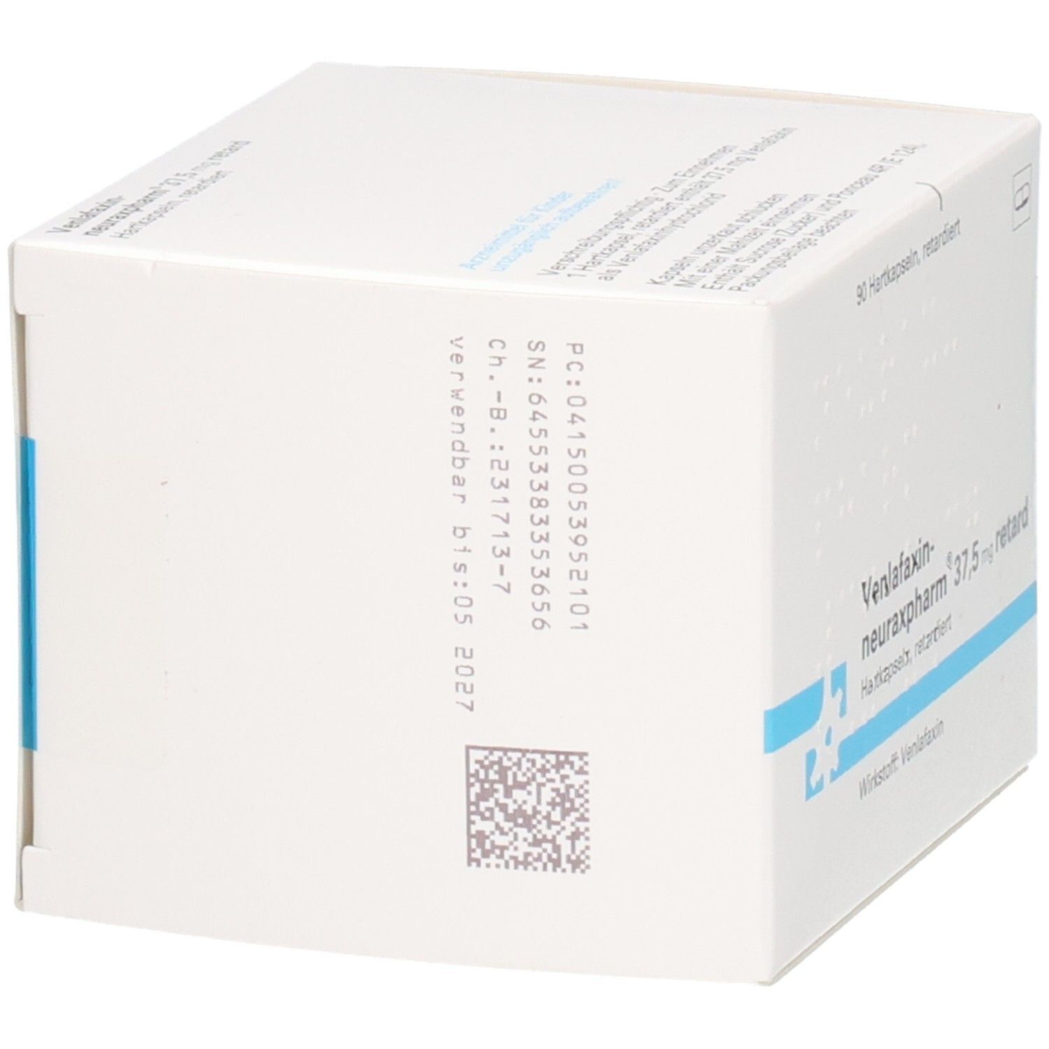 Weiße Faltschachtel, Seitenansicht. Aufschrift: Venlafaxin-neuraxpharm 37,5 mg retard. Verwendbar bis 05.2027. Chargennummer und weitere Angaben.