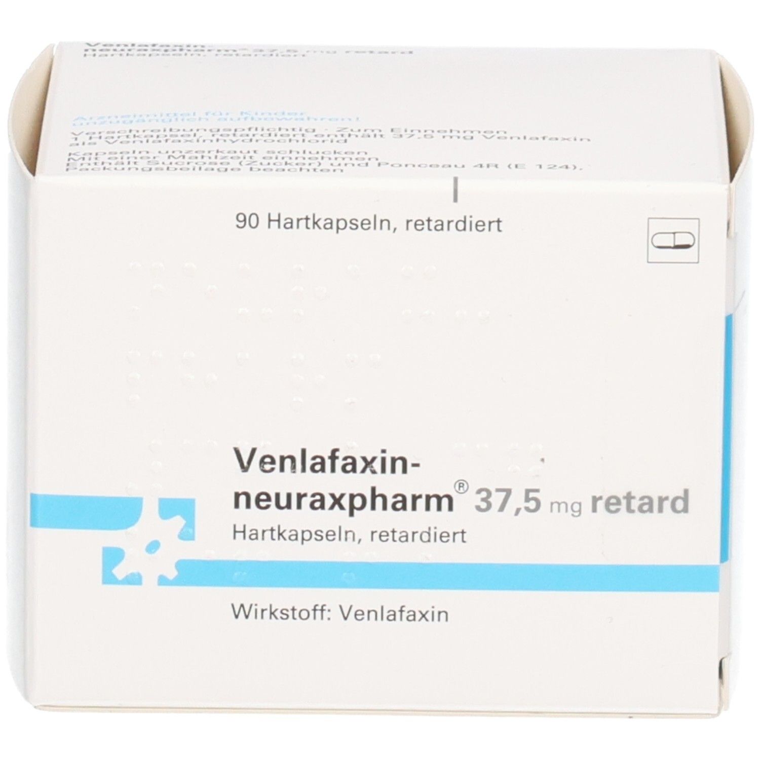 Geöffnete weiße Faltschachtel. Aufschrift: Venlafaxin-neuraxpharm 37,5 mg retard. 90 Hartkapseln. Wirkstoff: Venlafaxin.