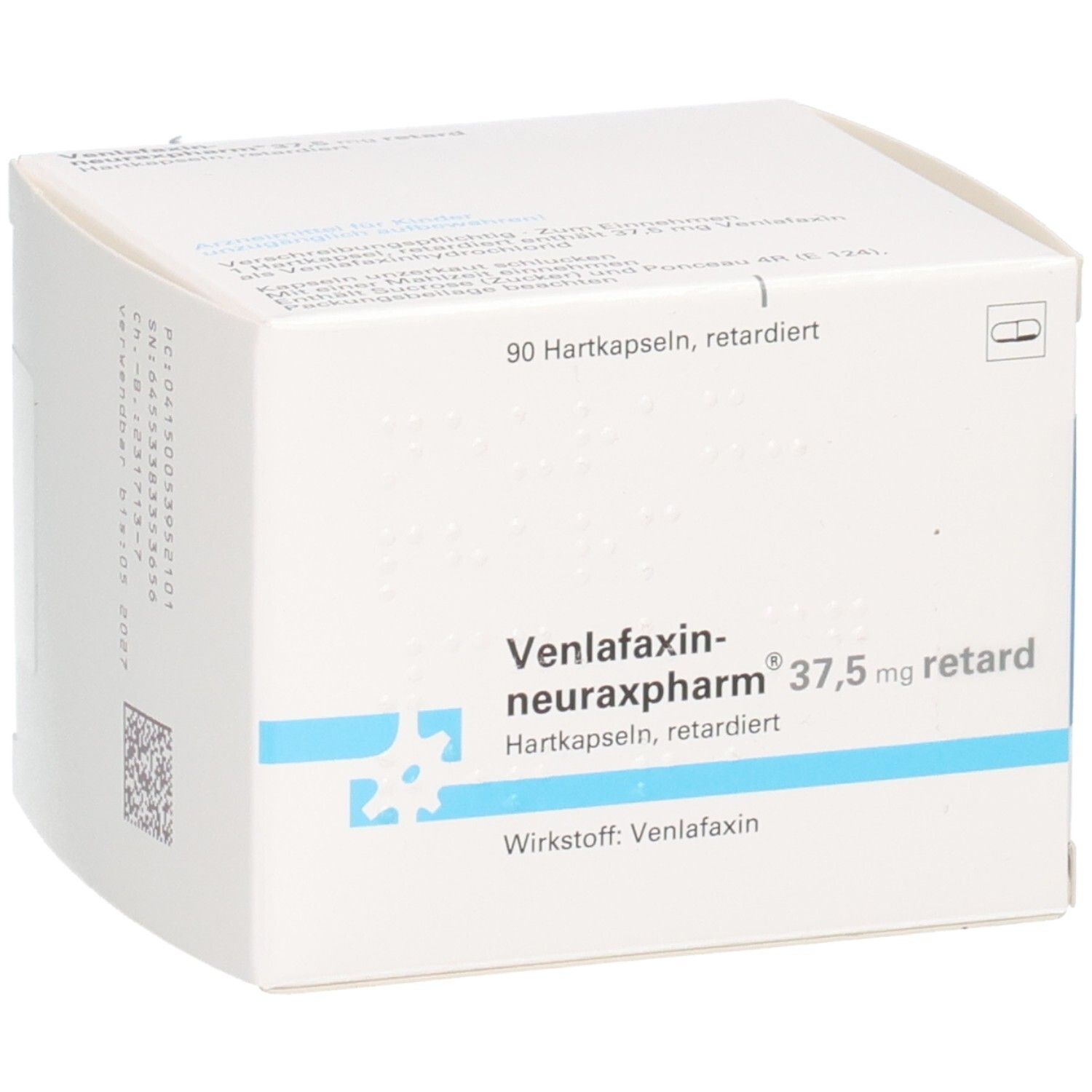 Weiße Faltschachtel mit Aufschrift: Venlafaxin-neuraxpharm 37,5 mg retard. 90 Hartkapseln. Wirkstoff: Venlafaxin. Blaues Logo.