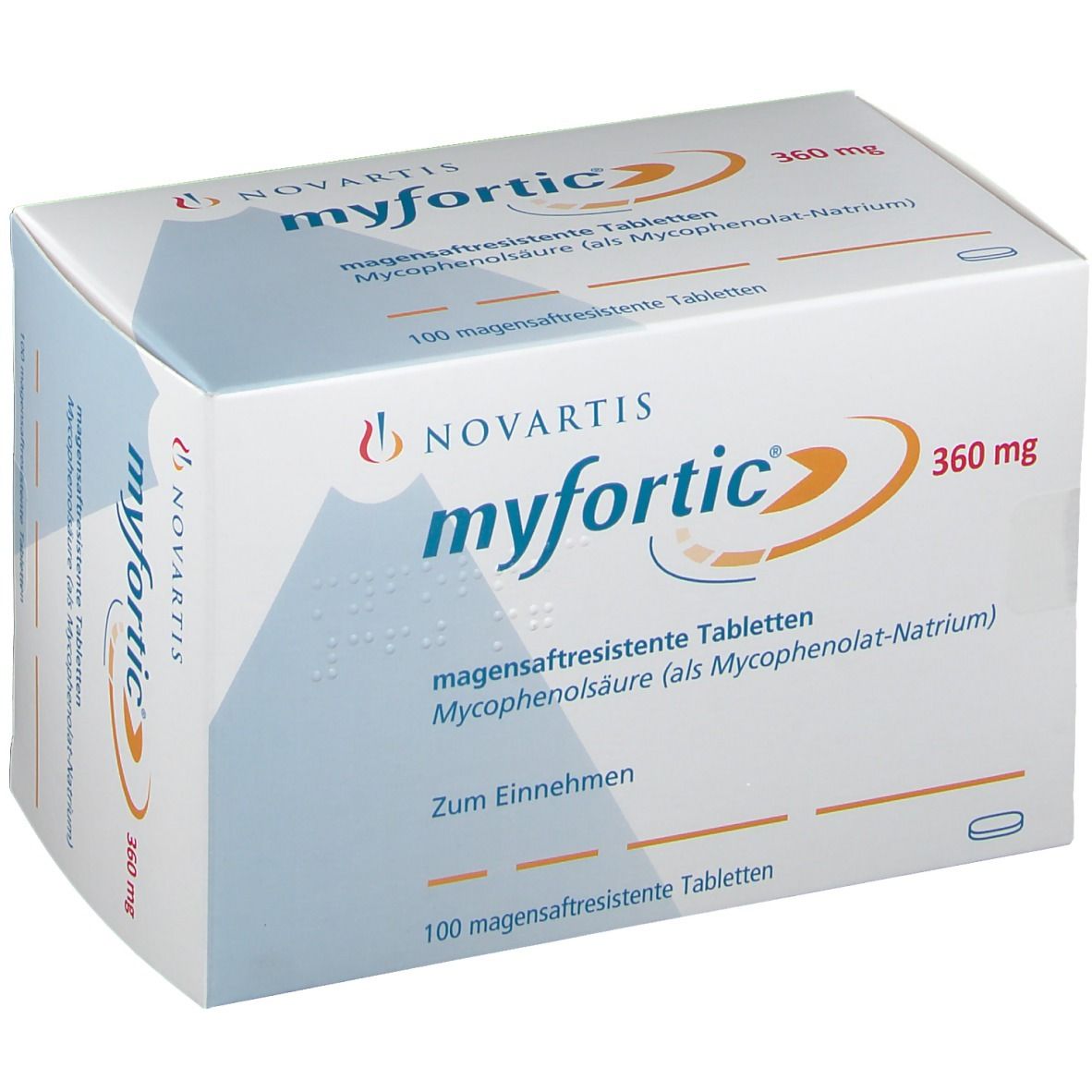 Karton mit "myfortic 360 mg" Aufdruck. Enthält magensaftresistente Tabletten. Novartis Logo.