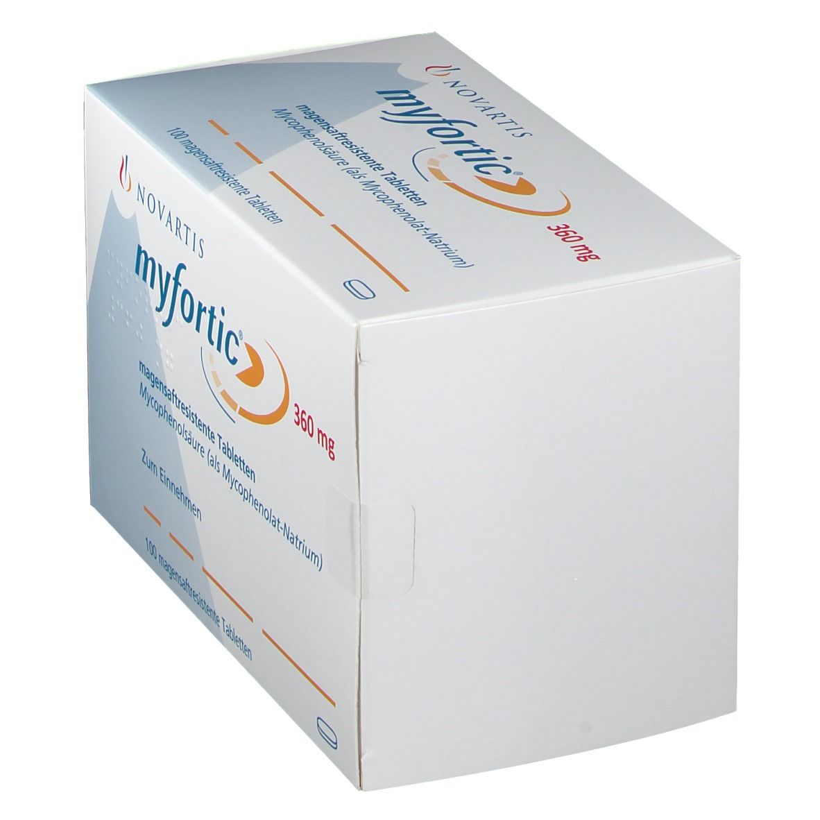 Schräg gestellte "myfortic 360 mg" Kartonverpackung. Sichtbar: Novartis Logo und Produktinformationen.