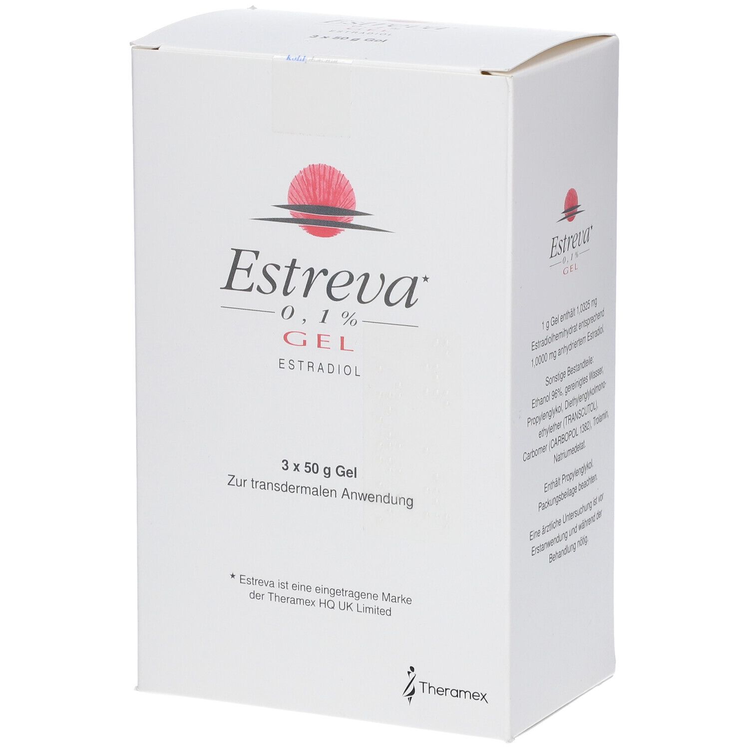 Estreva 0,1% Gel Packung mit 3 x 50 g Tuben, zur transdermalen Anwendung.