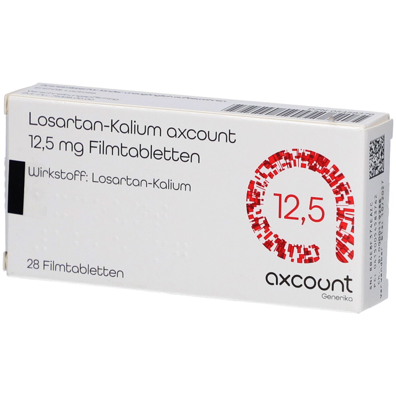 Weiße Tablettenbox mit rotem Logo und Text. Beschriftung: Losartan-Kalium axcount 12,5 mg Filmtabletten. 28 Filmtabletten.