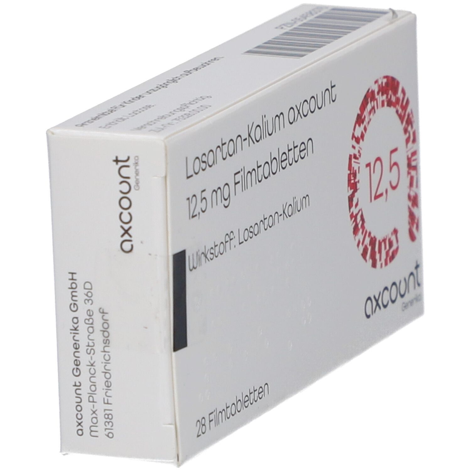 Tablettenbox, schräg von oben. Beschriftung: Losartan-Kalium axcount 12,5 mg Filmtabletten. Rotes Logo mit 12,5. 28 Filmtabletten.