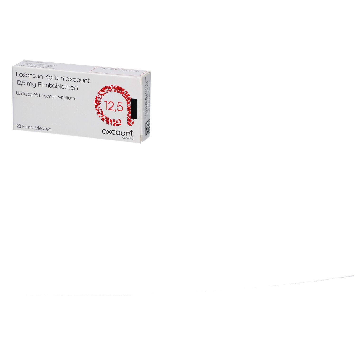 Tablettenbox, schräg von oben. Beschriftung: Losartan-Kalium axcount 12,5 mg Filmtabletten. Rotes Logo mit 12,5. 28 Filmtabletten.