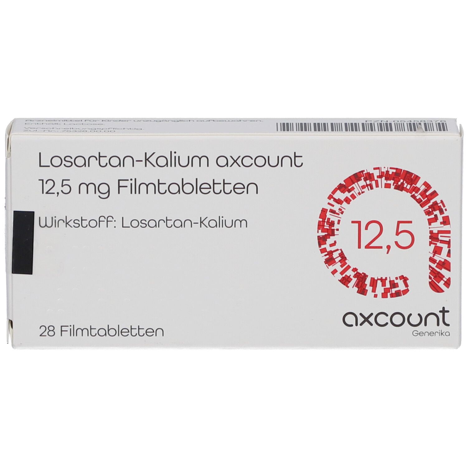 Weiße Tablettenbox mit rotem Logo und Text. Beschriftung: Losartan-Kalium axcount 12,5 mg Filmtabletten. 28 Filmtabletten.