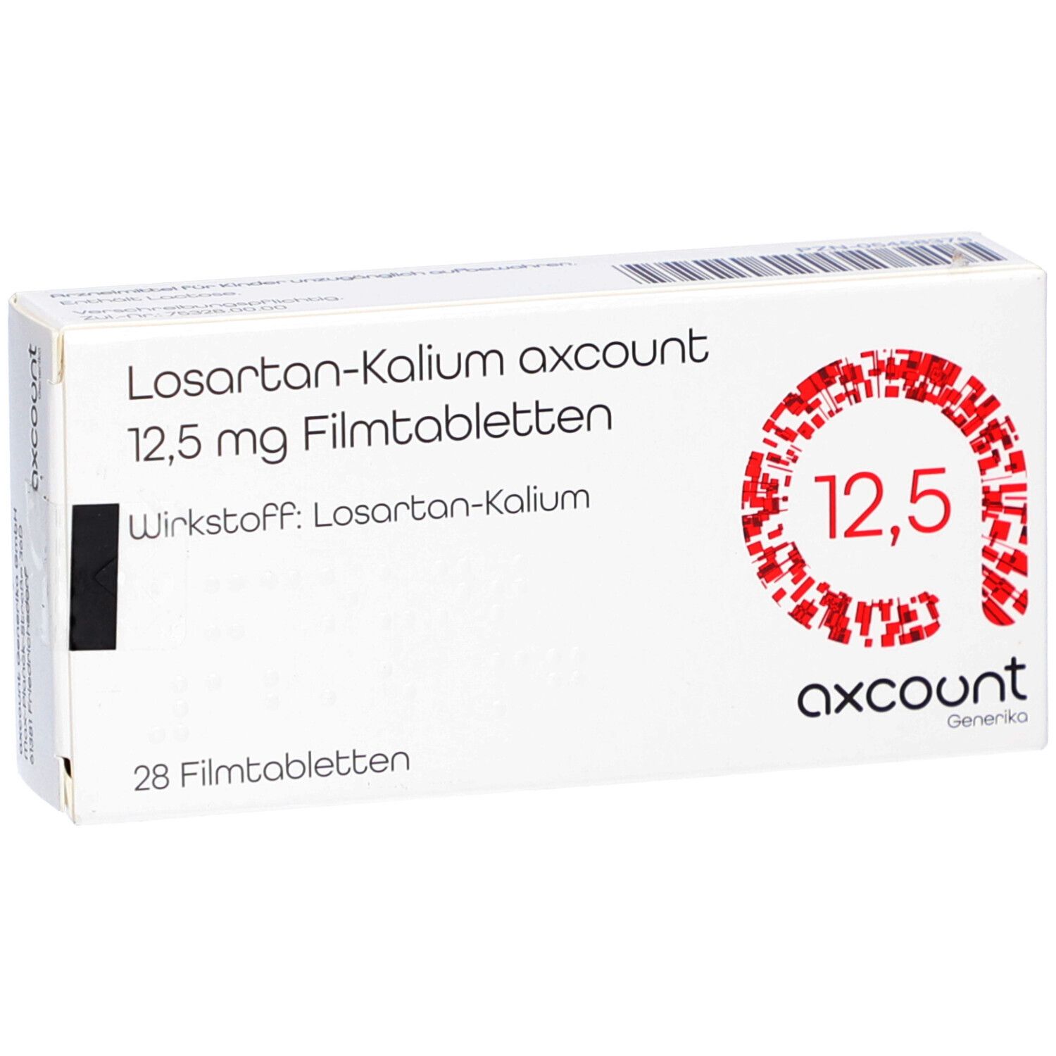 Weiße Tablettenbox mit rotem Logo und Text. Beschriftung: Losartan-Kalium axcount 12,5 mg Filmtabletten. 28 Filmtabletten.