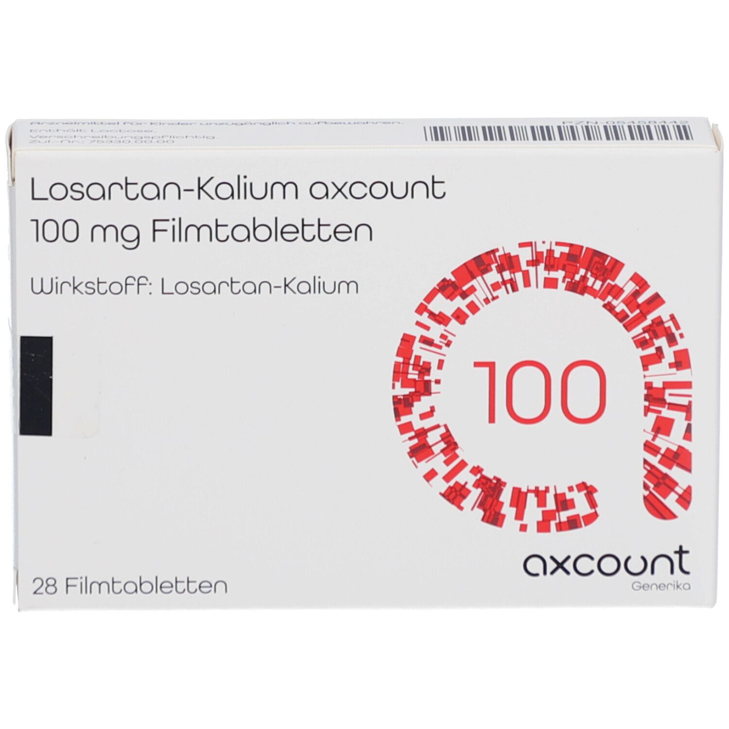 Medikamentenverpackung mit roter Grafik und Text. Enthält 28 Filmtabletten. Weißer Hintergrund.