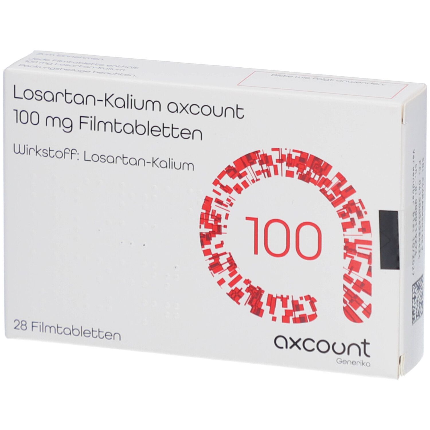 Medikamentenverpackung mit roter Grafik und Text. Enthält 28 Filmtabletten. Weißer Hintergrund.