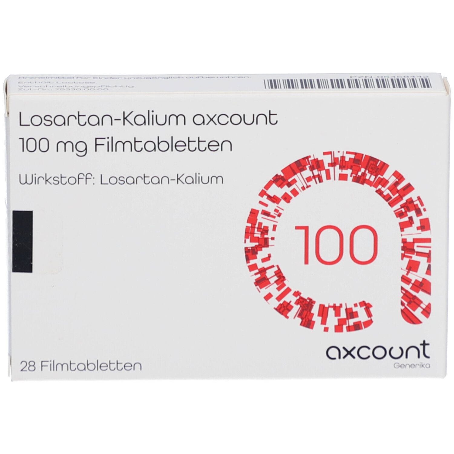 Medikamentenverpackung mit roter Grafik und Text. Enthält 28 Filmtabletten. Weißer Hintergrund.