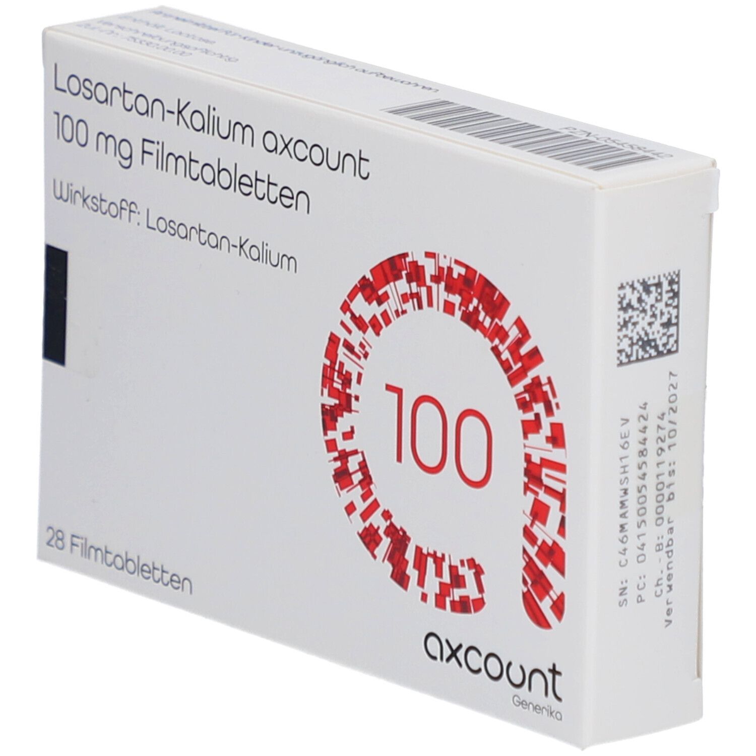 Medikamentenverpackung, schräge Ansicht. Rote Grafik und Text. Enthält 28 Filmtabletten. Weißer Hintergrund.