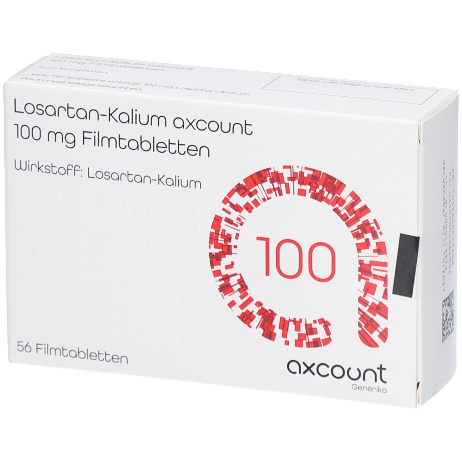 Schachtel mit Losartan-Kalium axcount 100 mg Filmtabletten. Aufdruck: 56 Filmtabletten, Wirkstoff: Losartan-Kalium. Rote Grafik mit Zahl 100.